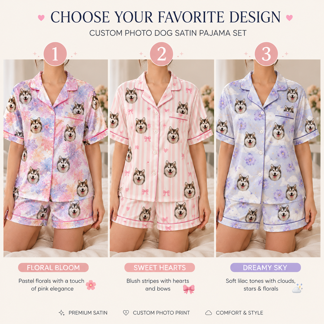 Personalized Pet Face Satin Pajamas Set Custom Dog Photo Gift for Her THUC99