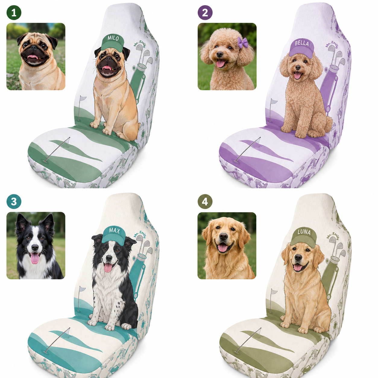 Personalized Golf Pet Portrait Car Seat Cover, Custom Dog Face Seat Protector, Dog Dad Gift THUC99