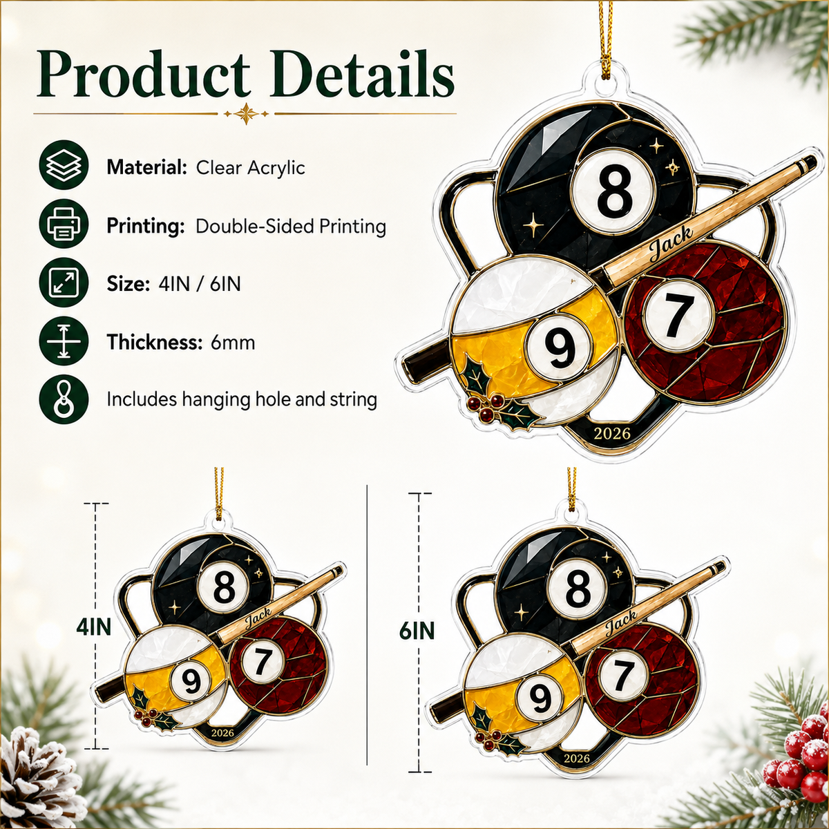 Custom Name Billiards Christmas Trio Acrylic