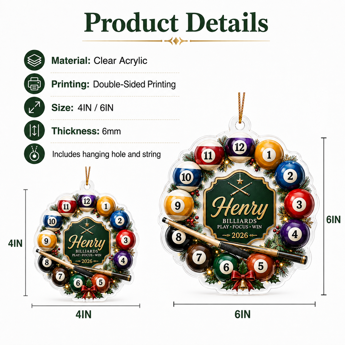 Custom Name Billiards Christmas Wreath Acrylic