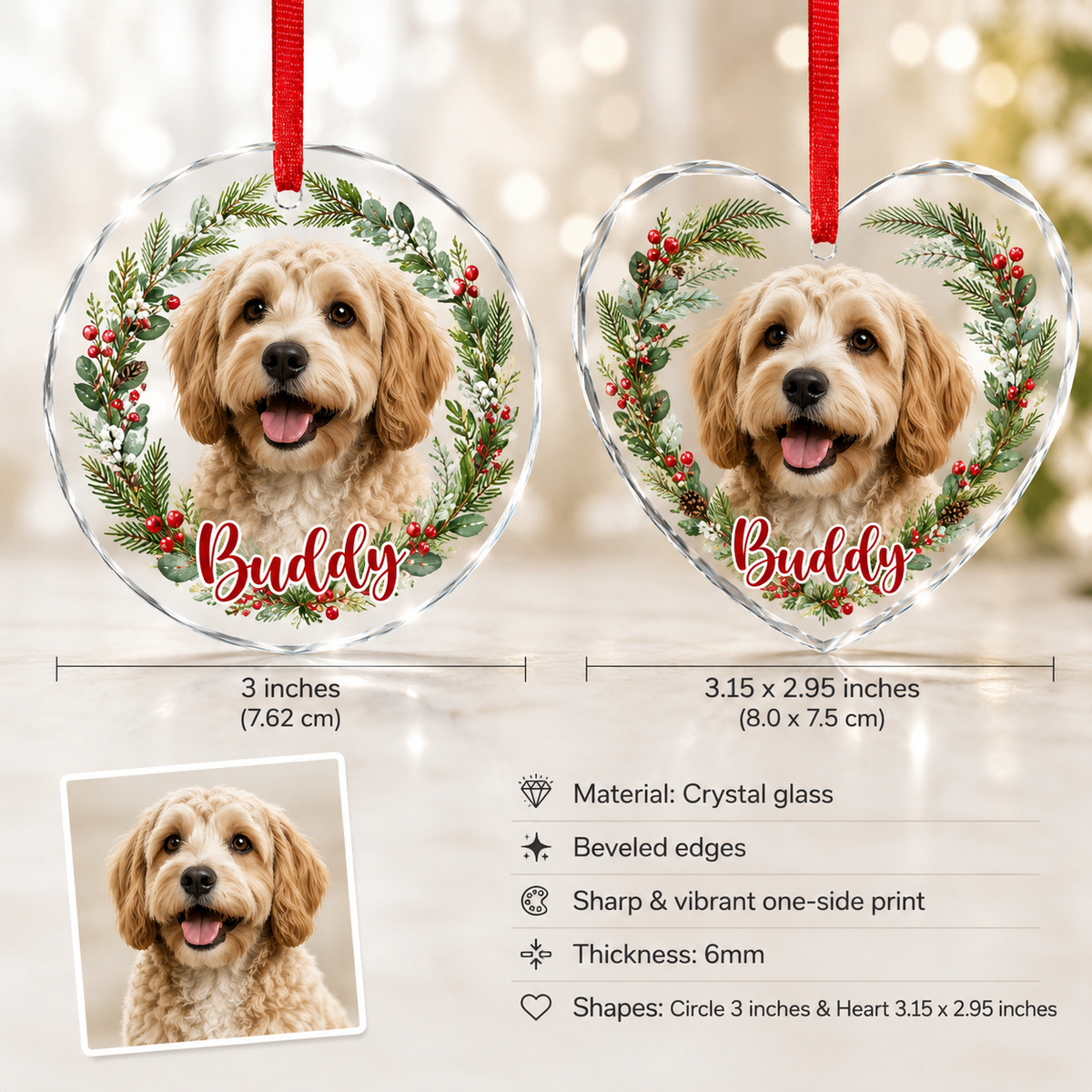 Custom Photo Dog Glass Dog With Christmas Wreath