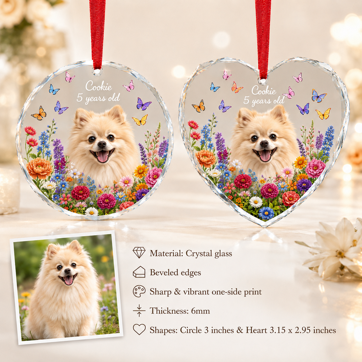 Custom Photo Dog Glass Dog With Flowers