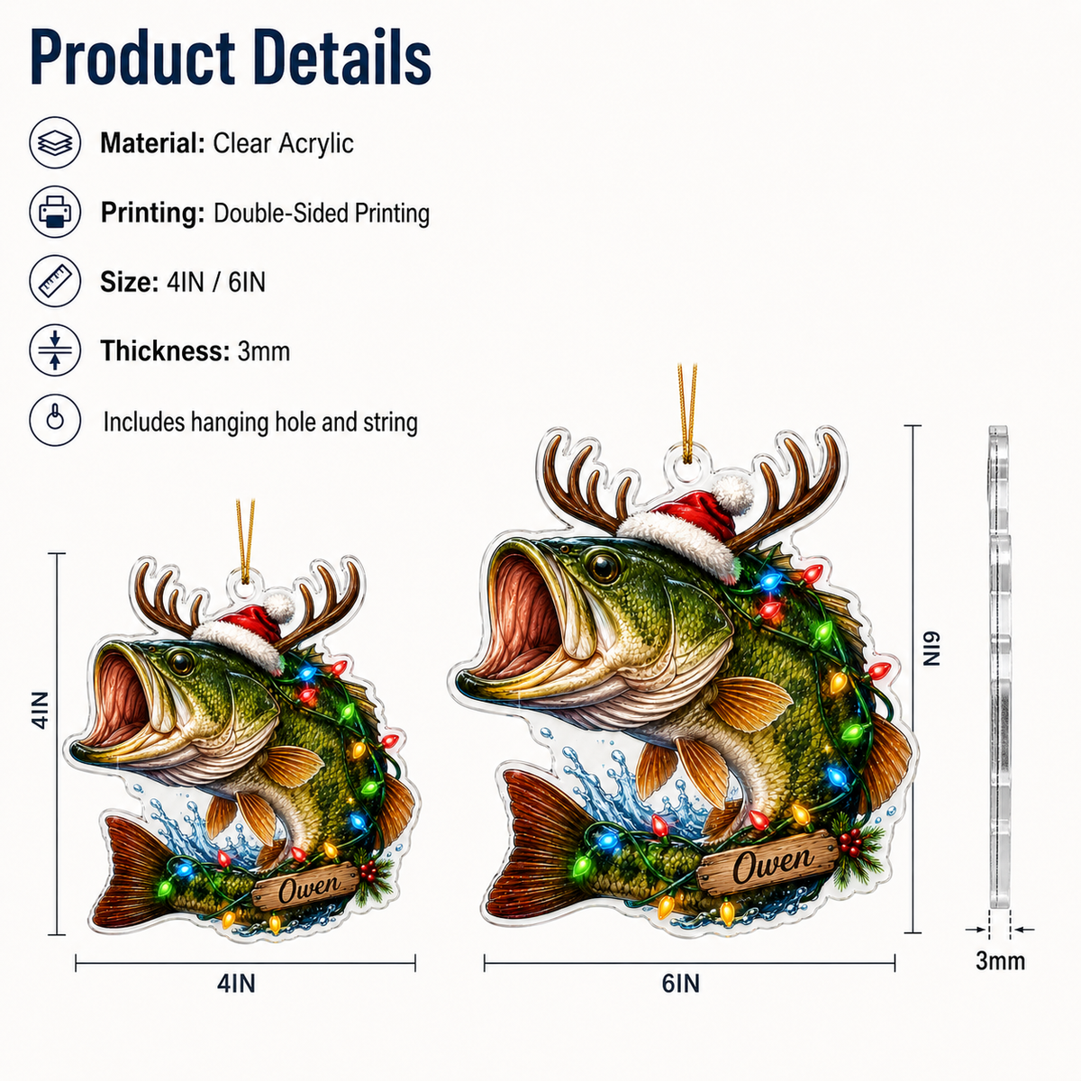 Personalized Fishing Christmas Reindeer Bass Acrylic