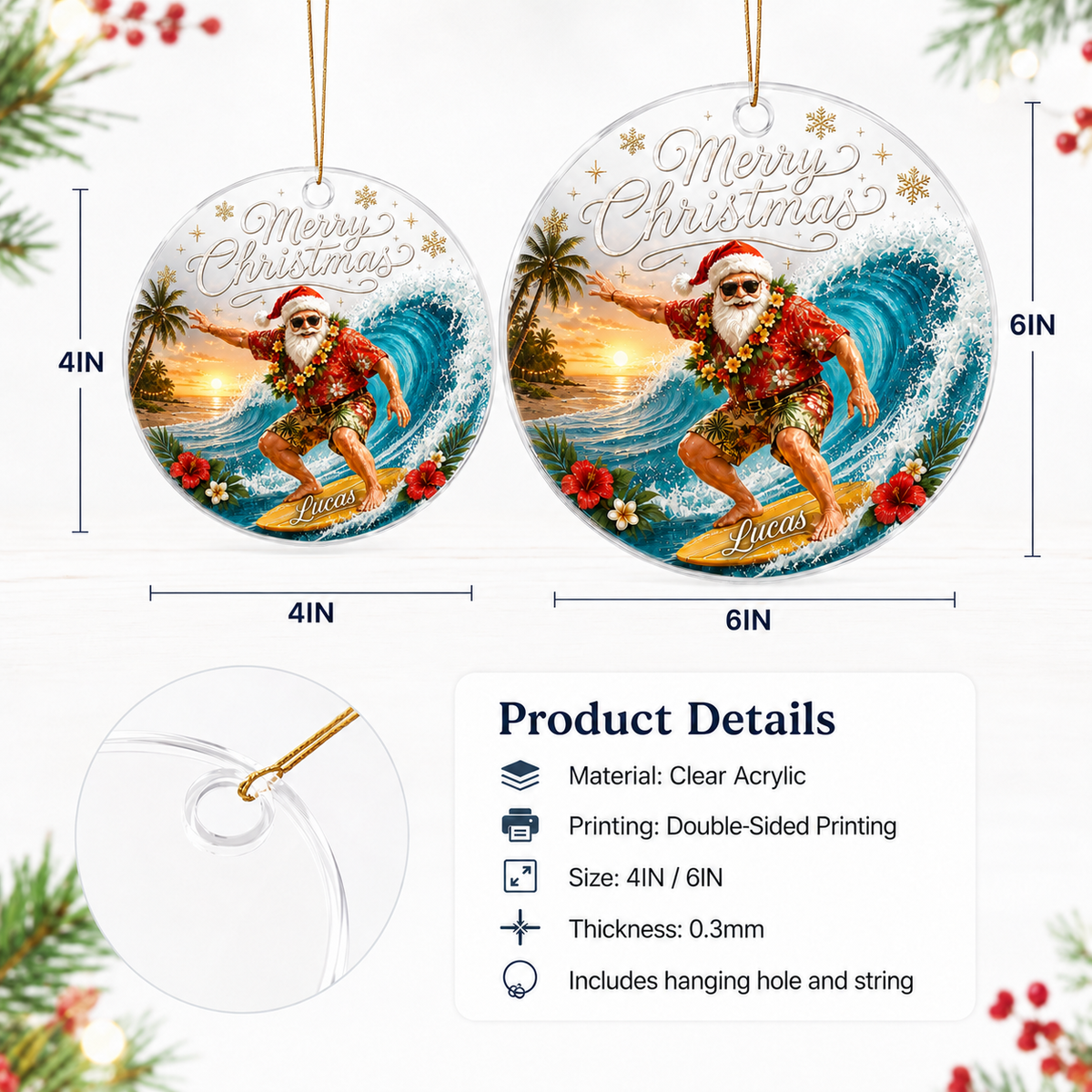 Surfing Personalize Acrylic Tropical Santa Surfing