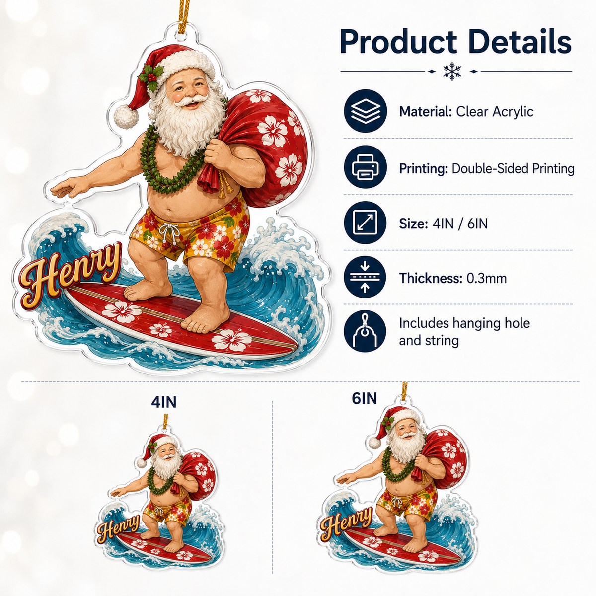 Surfing Personalize Acrylic Santa Present Surfing