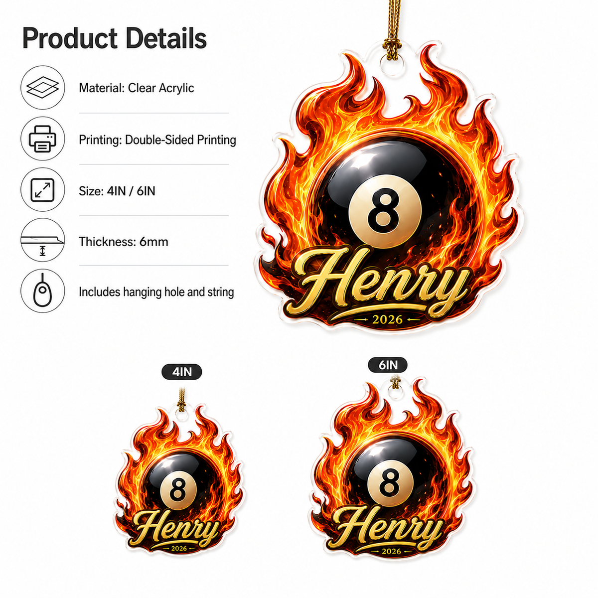 Custom Name Billiards Flaming 8 Ball Acrylic