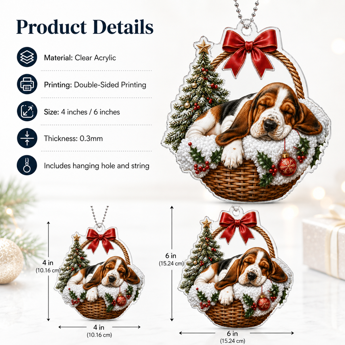 Dog Chrismast With Wicker Basket Basset Hound