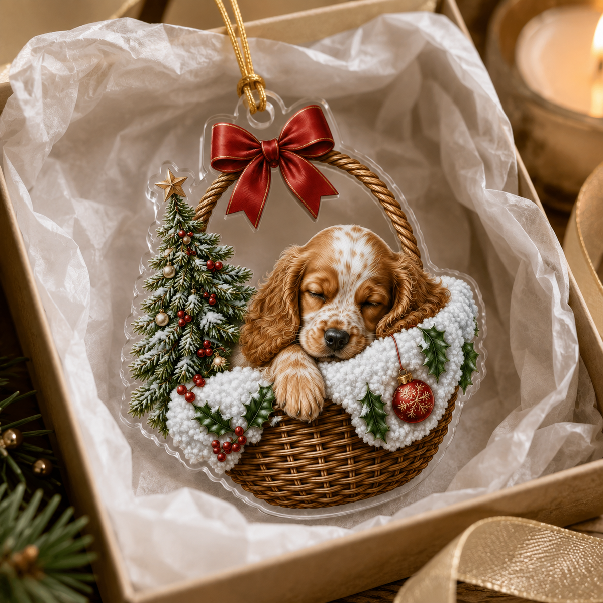 Dog Chrismast With Wicker Basket Spaniel