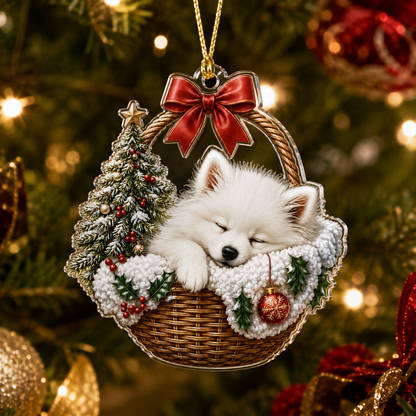Dog Chrismast With Wicker Basket Japanese spiz
