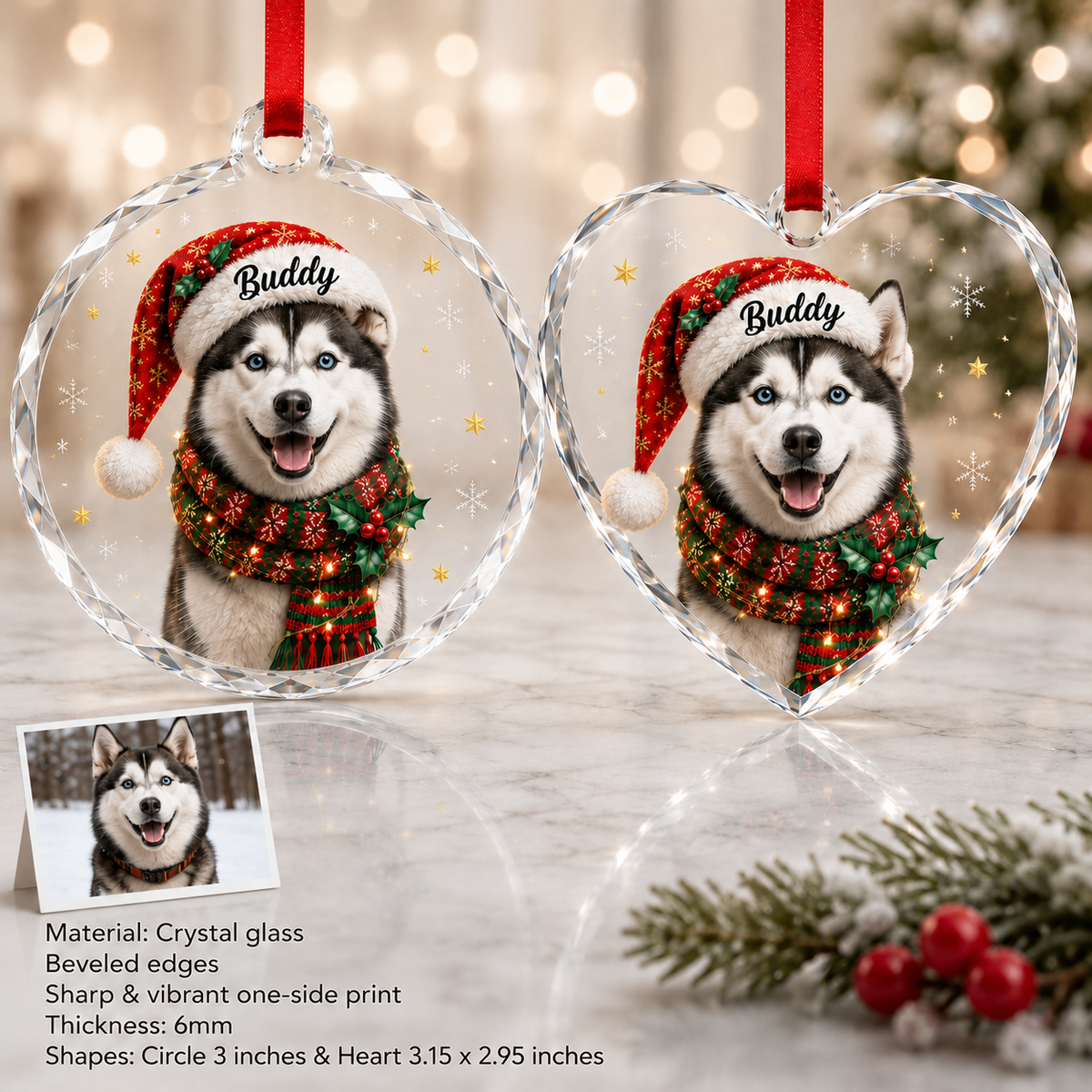 Custom Photo Dog Glass Potrait Dog With Santa Hat