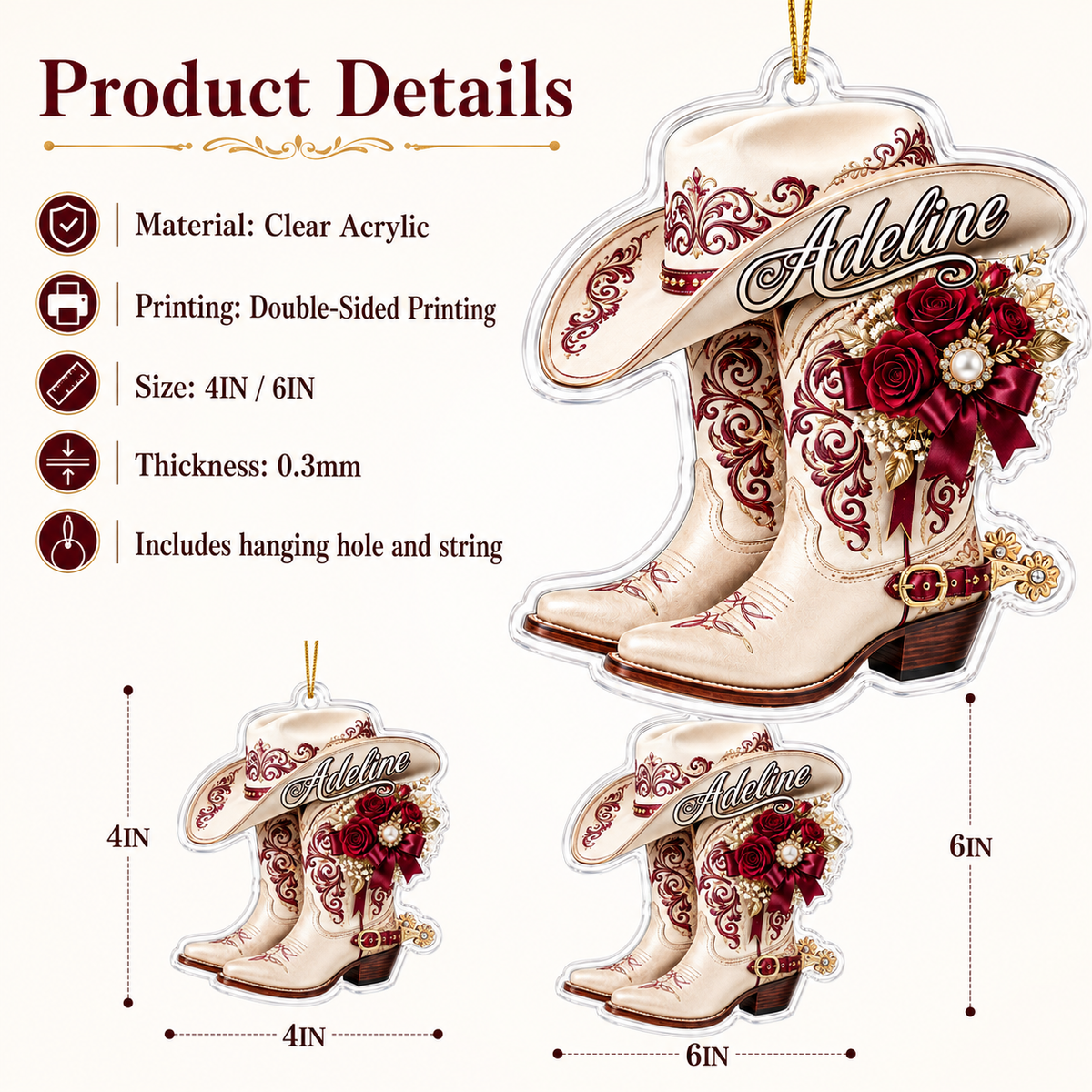 Personalized Boots Burgundy Floral Acrylic