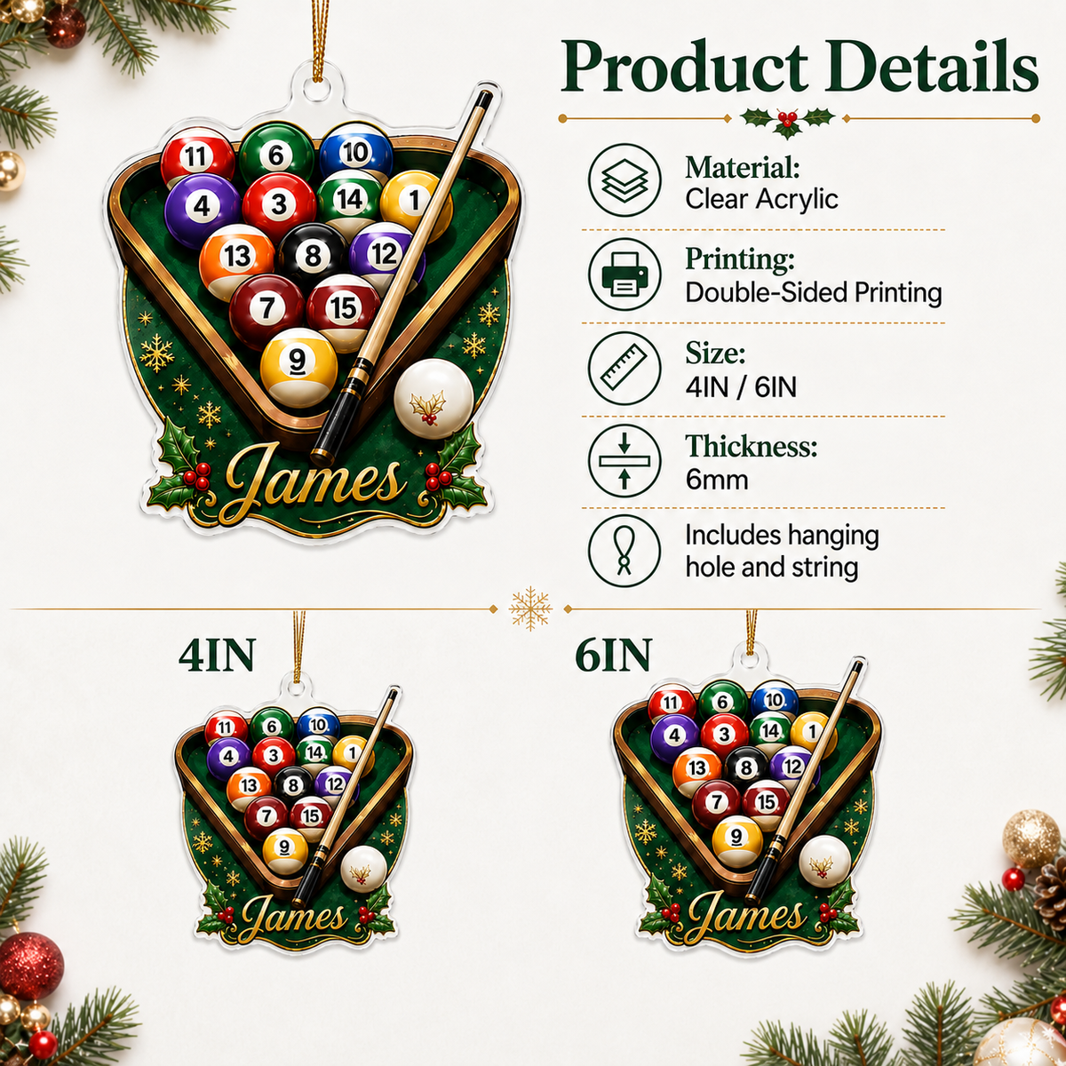 Custom Name Billiards Christmas Rack Acrylic