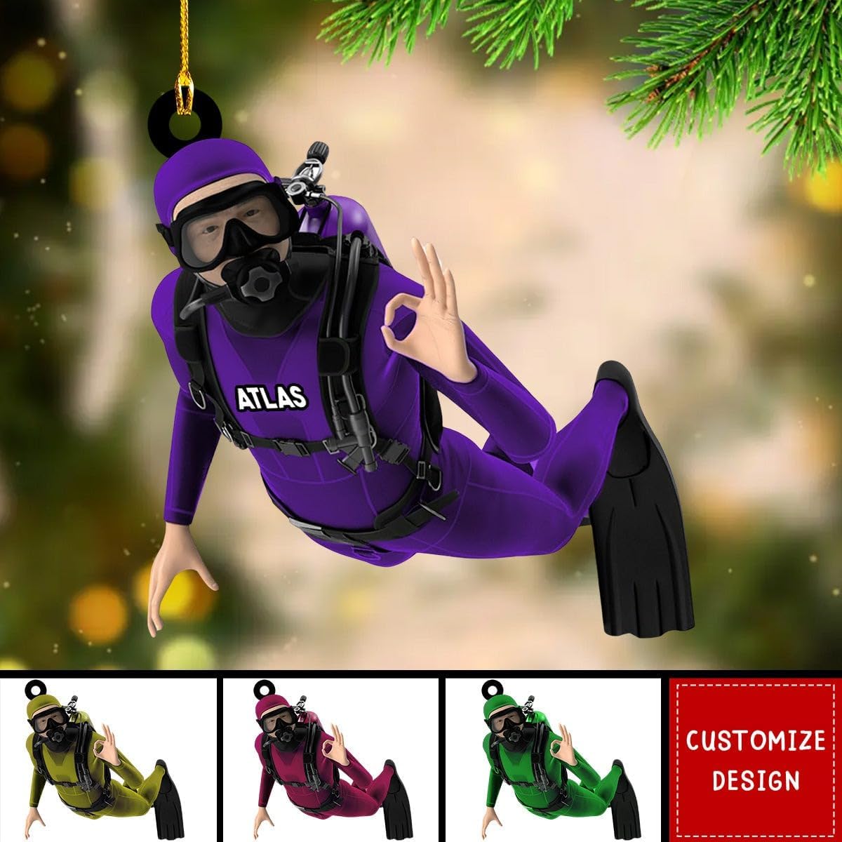 Personalized Diver Ornament – Custom Name Acrylic 2D Flat Scuba Diving Christmas Decoration, Sport Gift TSD9