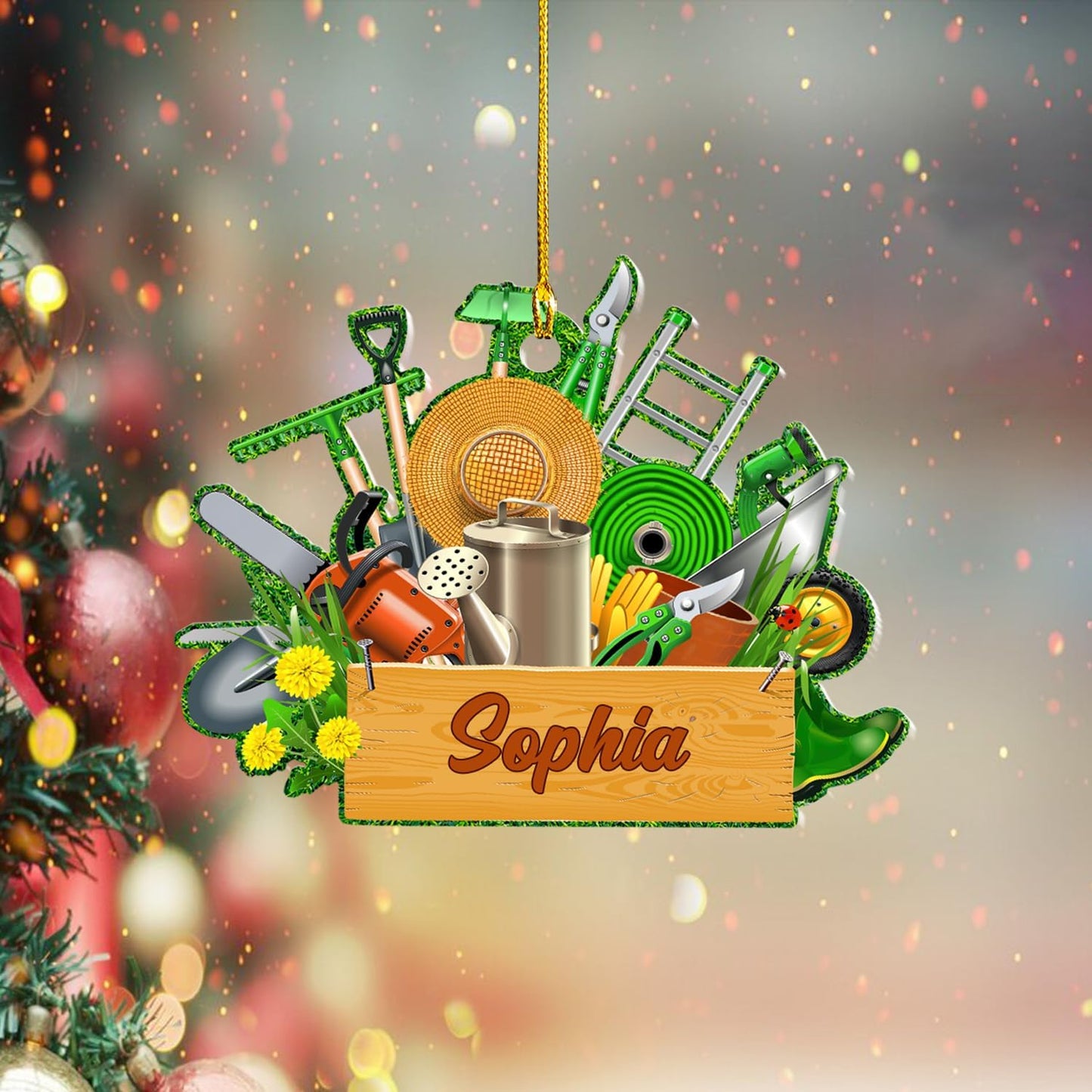 Custom Gardening Ornament with Name – Garden Tools Acrylic Christmas Decor for Gardeners & Green Thumb Lovers TG49