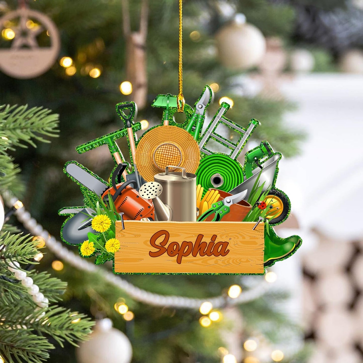 Custom Gardening Ornament with Name – Garden Tools Acrylic Christmas Decor for Gardeners & Green Thumb Lovers TG49