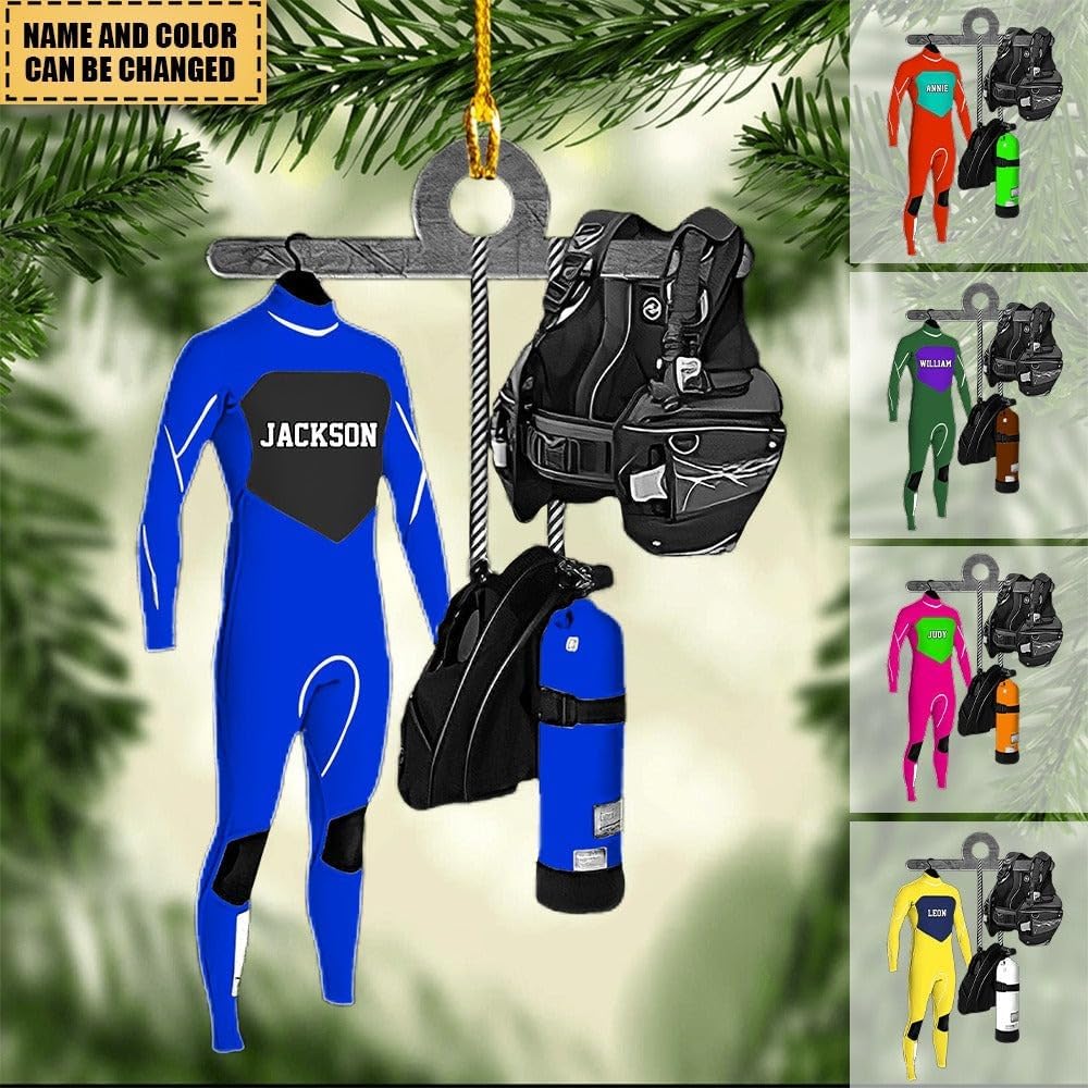 Personalized Diver Ornament – Custom Name Acrylic 2D Flat Scuba Diving Christmas Decoration, Sport Gift TSD8