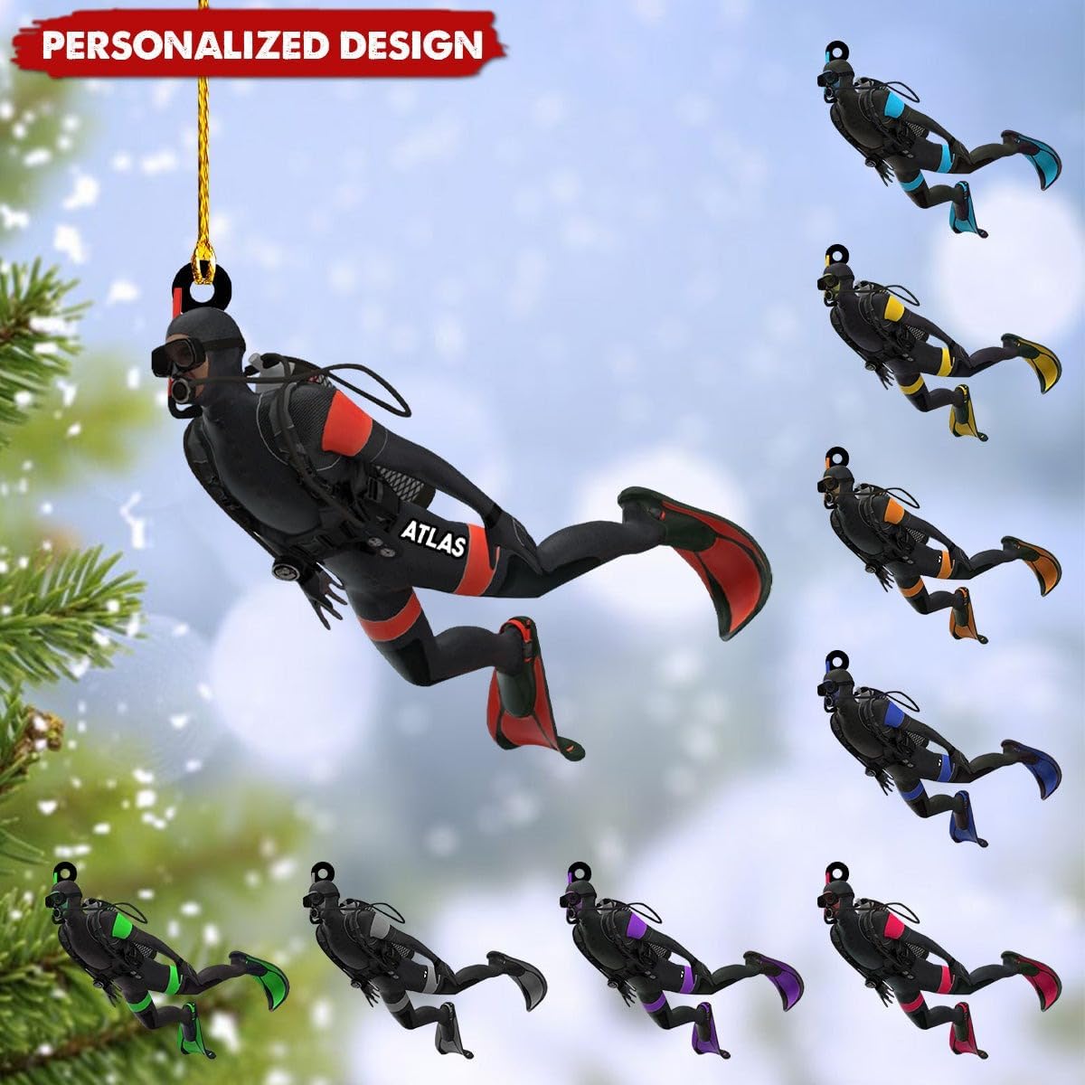 Personalized Diver Ornament – Custom Name Acrylic 2D Flat Scuba Diving Christmas Decoration, Sport Gift TSD10