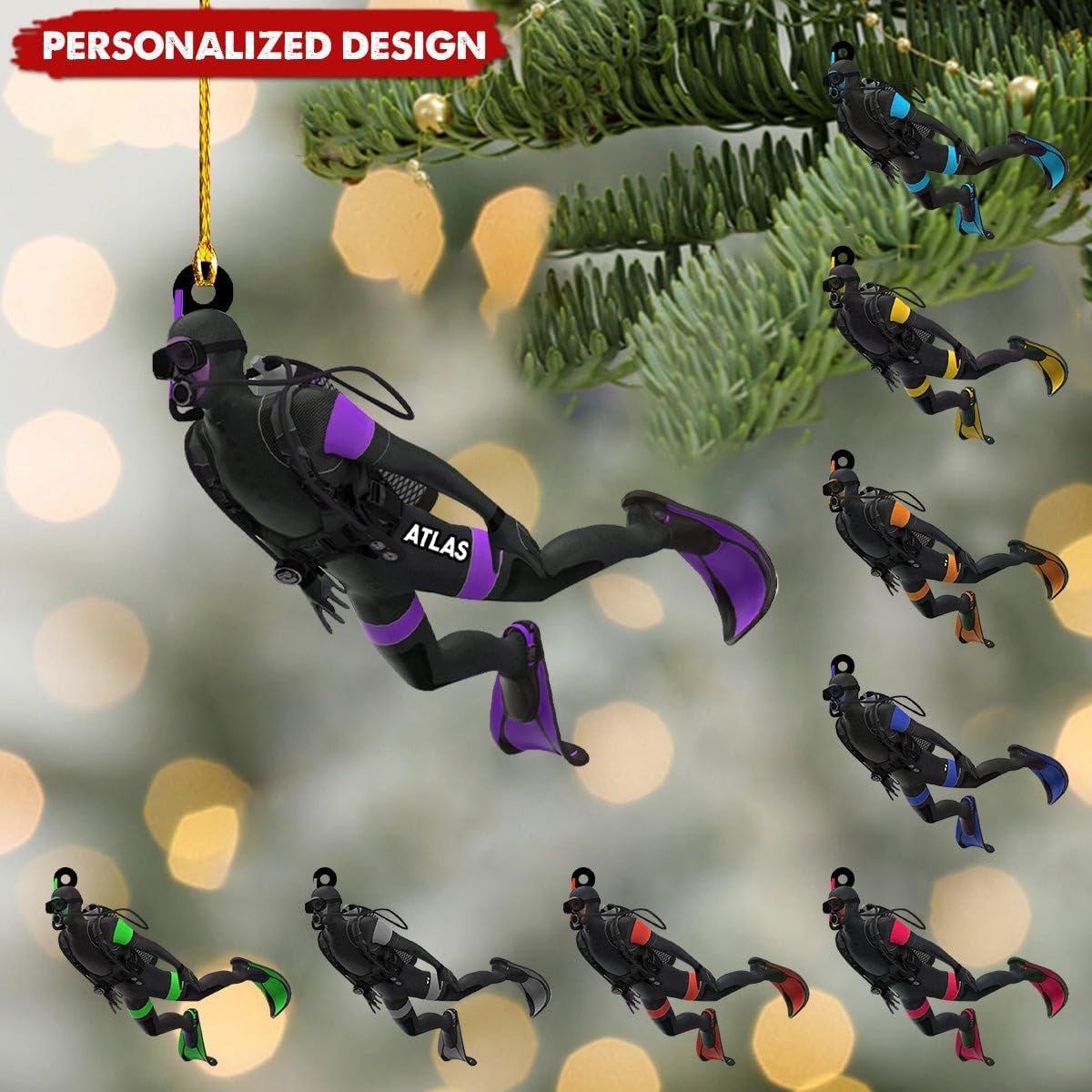 Personalized Diver Ornament – Custom Name Acrylic 2D Flat Scuba Diving Christmas Decoration, Sport Gift TSD10
