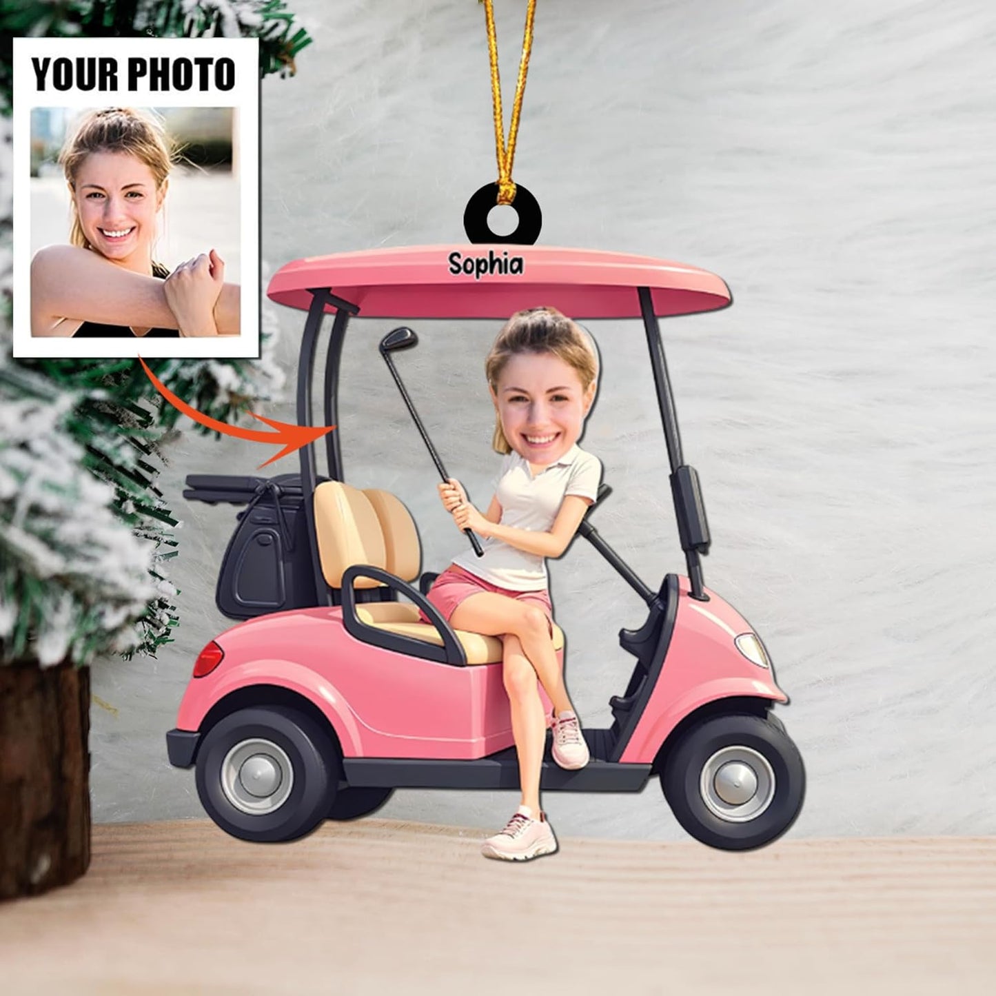Custom Face and Name Golf Cart Ornament - Golf Player Christmas Ornament 3