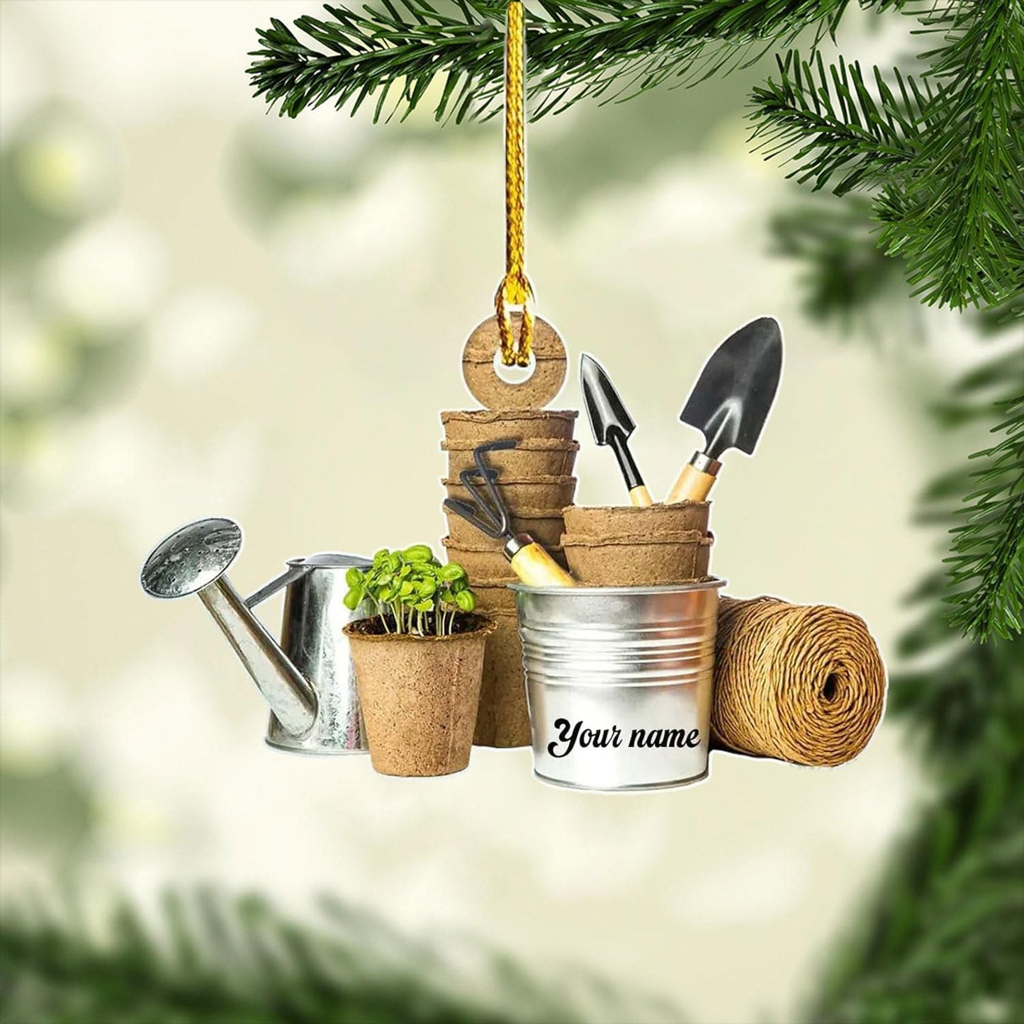 Custom Gardening Ornament with Name – Garden Tools Acrylic Christmas Decor for Gardeners & Green Thumb Lovers TG42