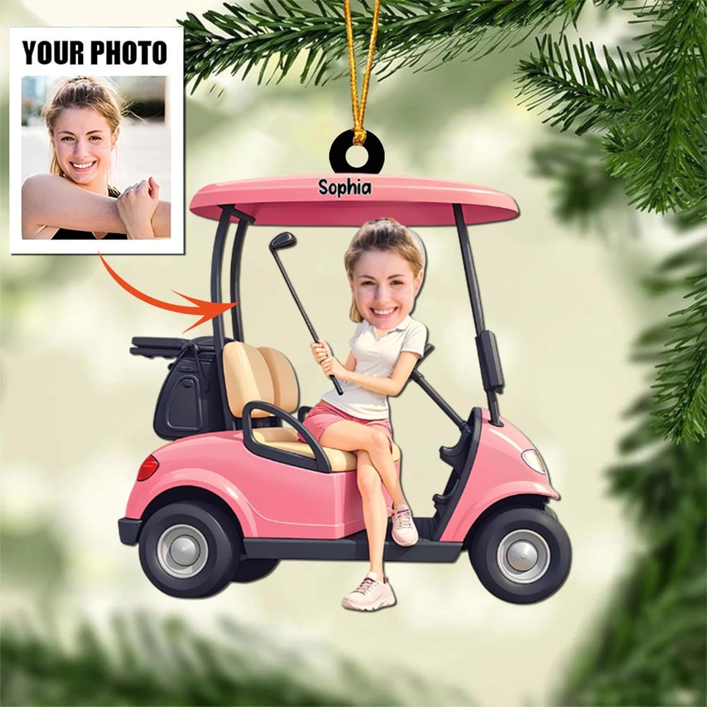 Custom Face and Name Golf Cart Ornament - Golf Player Christmas Ornament 3