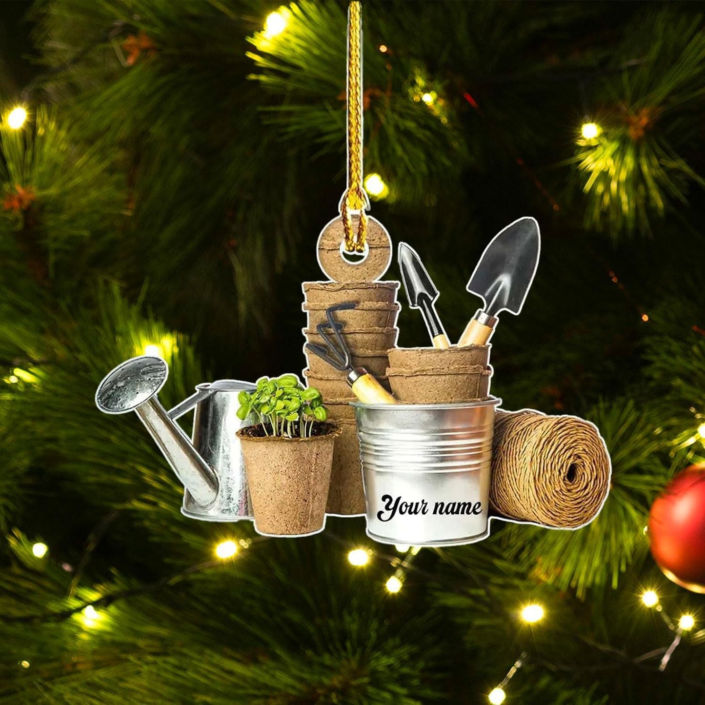 Custom Gardening Ornament with Name – Garden Tools Acrylic Christmas Decor for Gardeners & Green Thumb Lovers TG42