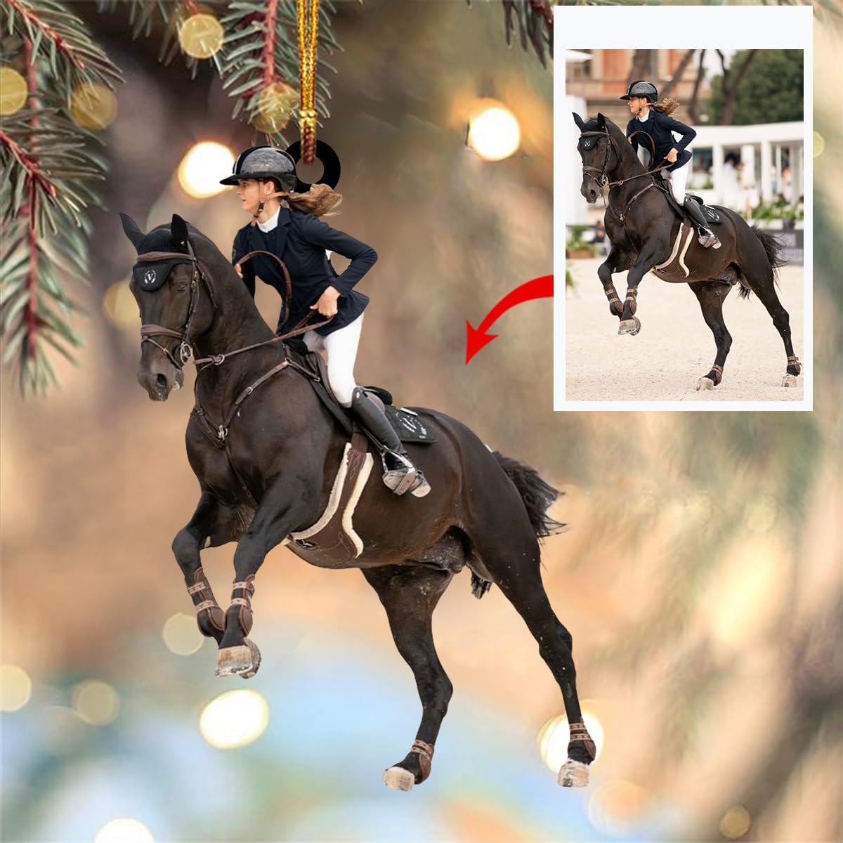 Custom Photo Horse Riding Ornament | Personalized Equestrian Holiday Gift for Riders, Trainers & Horse Owners THH20