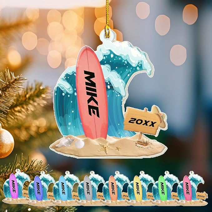 Personalized Surfboard Christmas Ornament - Surfing Tree Decoration Gift for Surfers, Beach Lovers & Vacation Travelers LL4