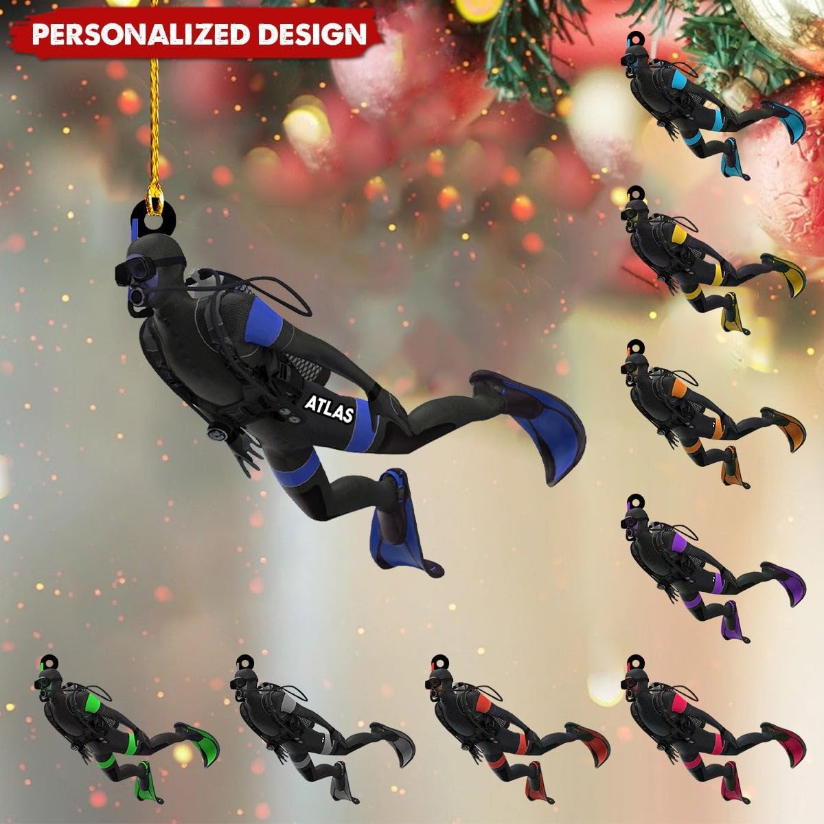 Personalized Diver Ornament – Custom Name Acrylic 2D Flat Scuba Diving Christmas Decoration, Sport Gift TSD10