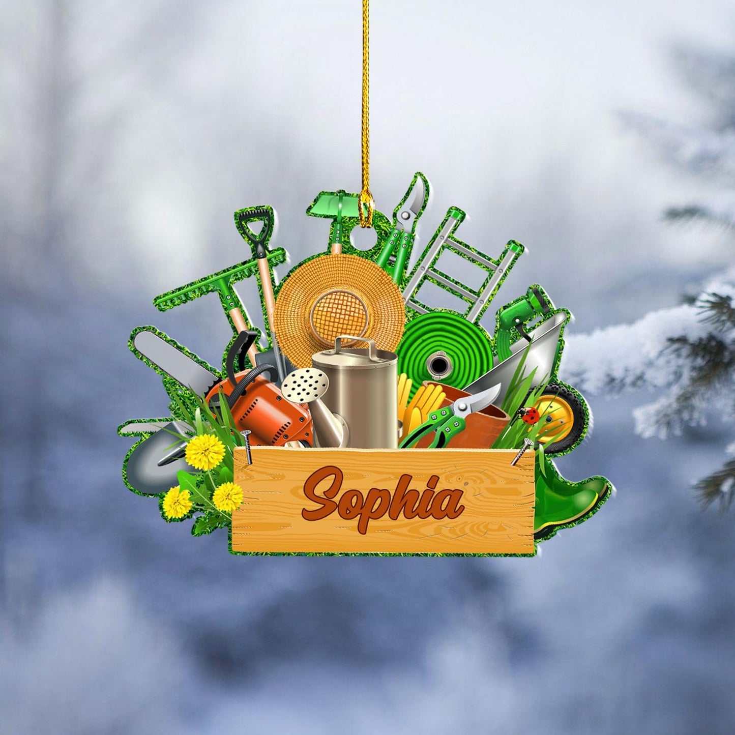 Custom Gardening Ornament with Name – Garden Tools Acrylic Christmas Decor for Gardeners & Green Thumb Lovers TG49