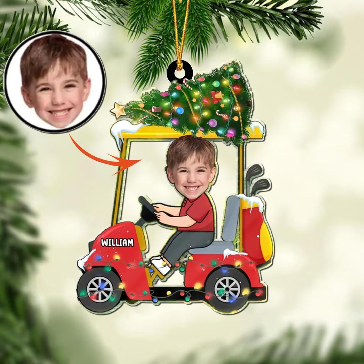 Custom Face and Name Golf Cart Ornament - Golf Player Christmas Ornament 2