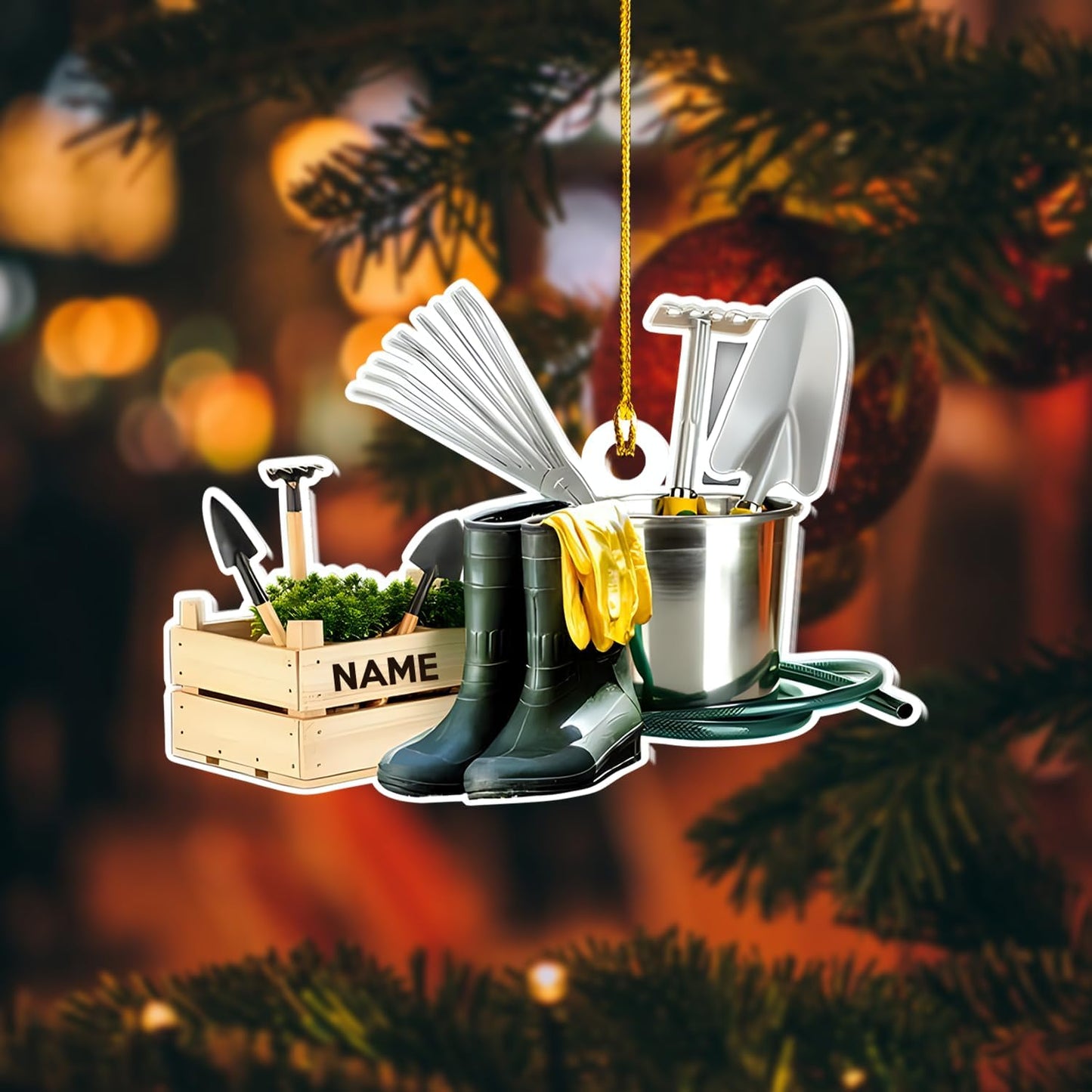 Custom Gardening Ornament with Name – Garden Tools Acrylic Christmas Decor for Gardeners & Green Thumb Lovers TG48