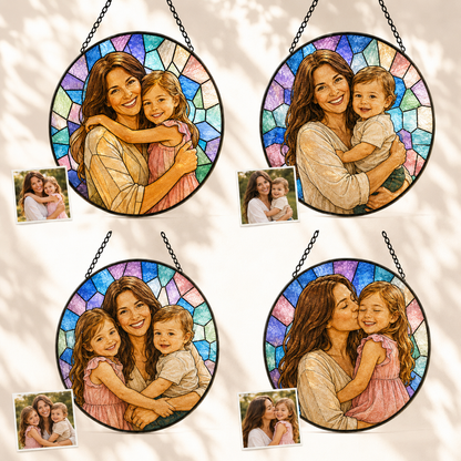 Personalized Mom & Grandma Portrait Glass Suncatcher, Custom Family Photo Window Hanging Decor THUC99