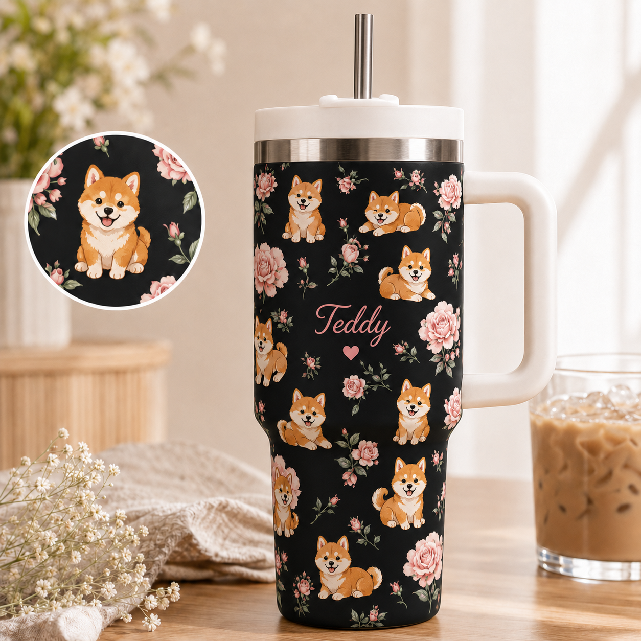 Personalized Pet Portrait 40oz Tumbler – Custom Dog Photo Travel Mug with Handle and Lid THUC99