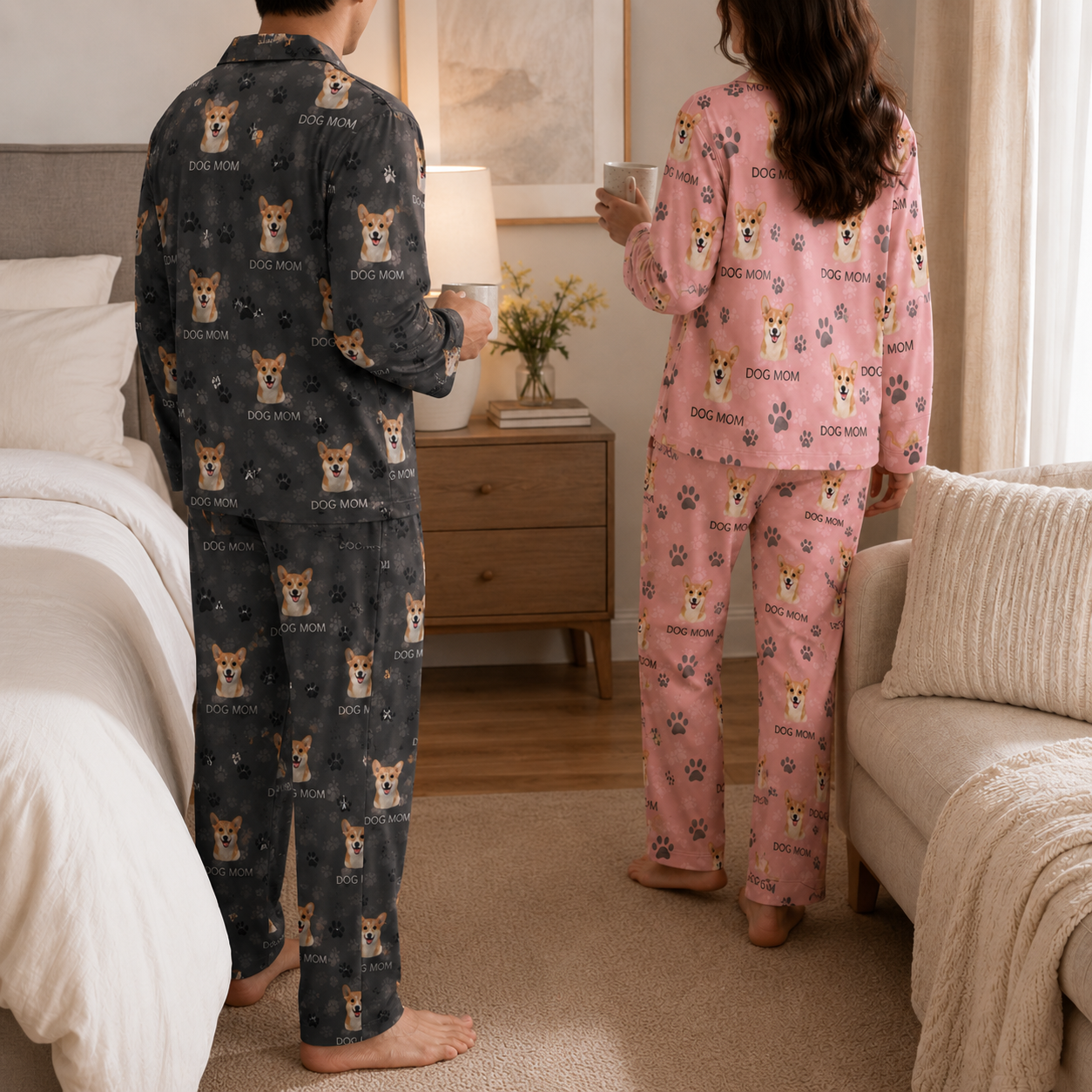 Personalized Dog Photo Unisex Pajamas Set, Custom Pet Face All Over Print Nightwear THUC99