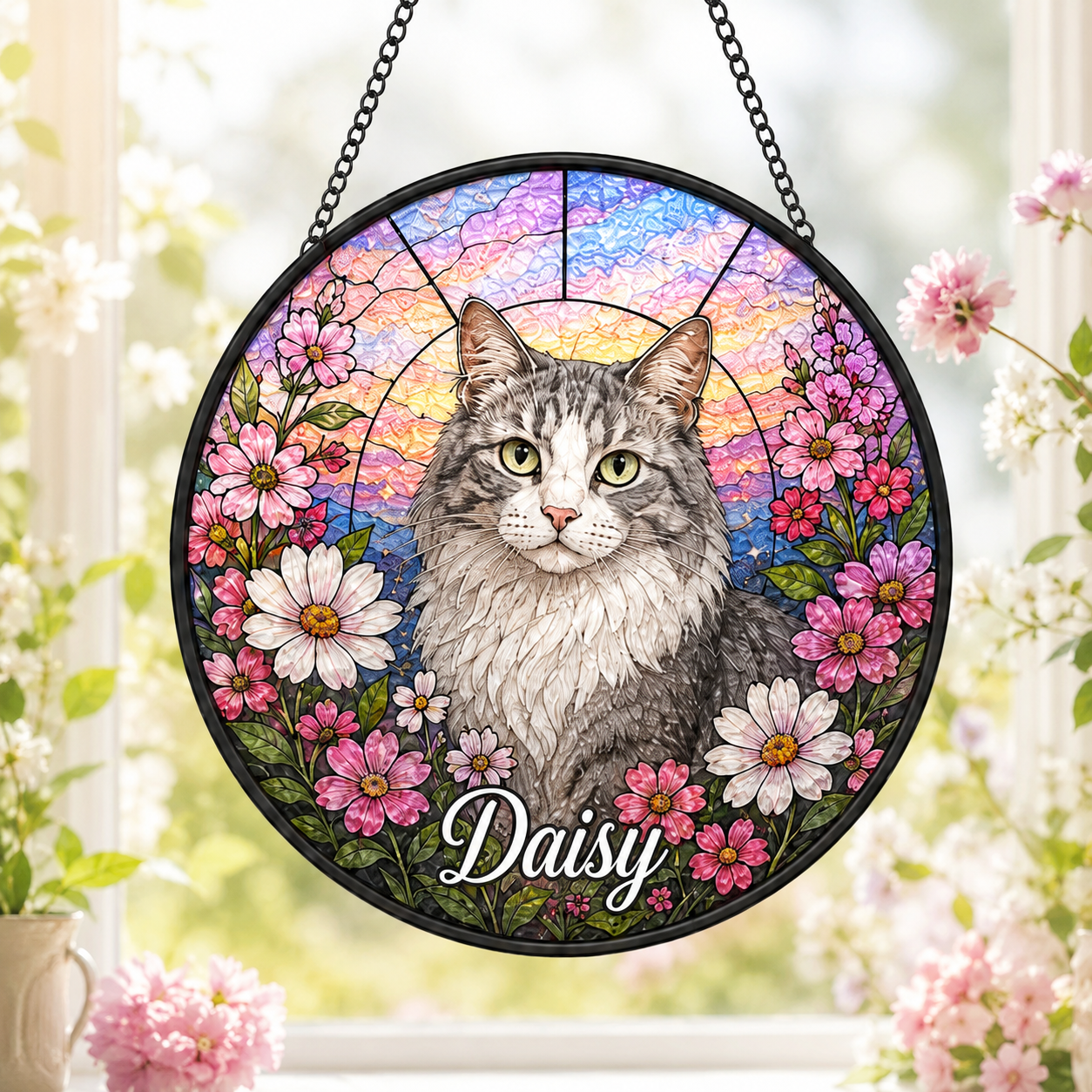 Custom Photo Cat Lover Stained Glass Suncatcher – Personalized Cat Sympathy Gift | Pet Memorial Decor THUC99
