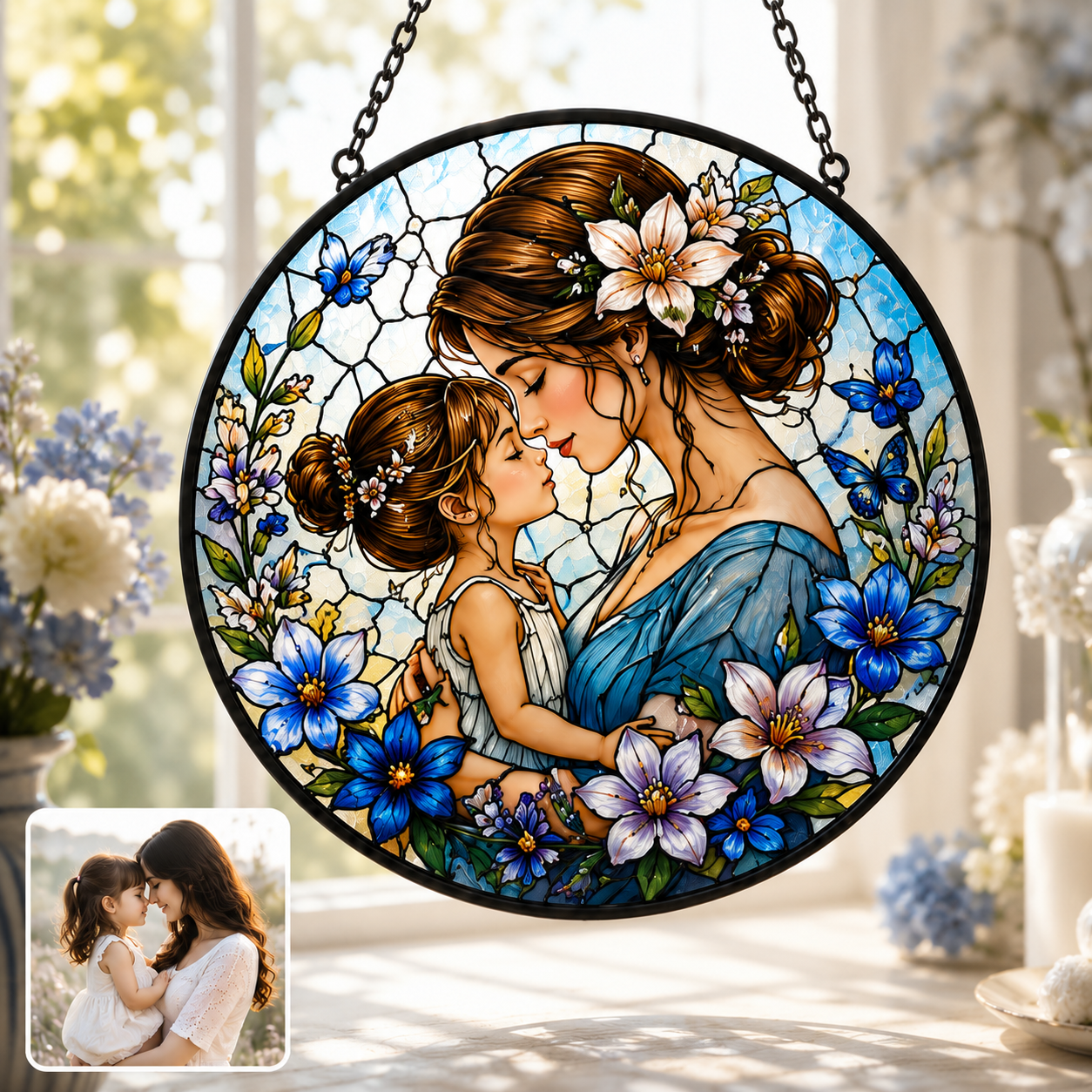 Custom Family Photo Stained Glass Window Hanging, Personalized Mom and Grandma Suncatcher Gift THUC99