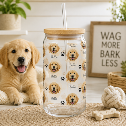 Custom Dog Photo Sipper Glass 16oz – Personalized Glass Tumbler with Bamboo Lid & Straw THUC99