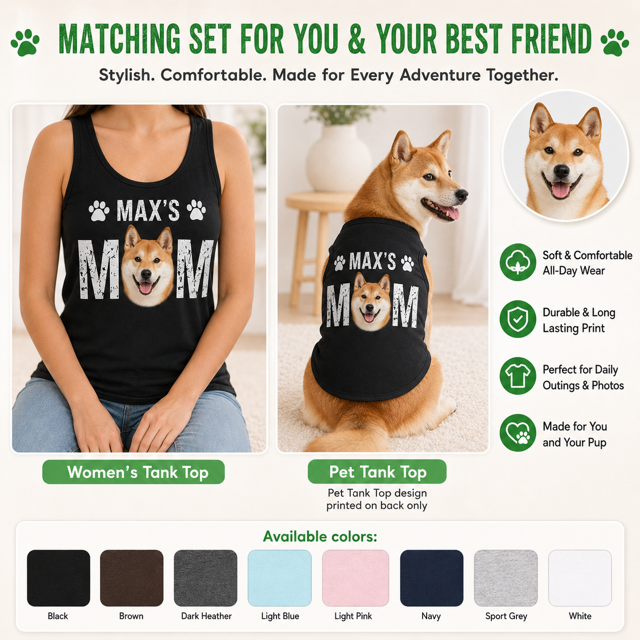 Personalized Women’s Tank Top with Dog Photo, Matching Pet Tank Top Summer Set THUC99