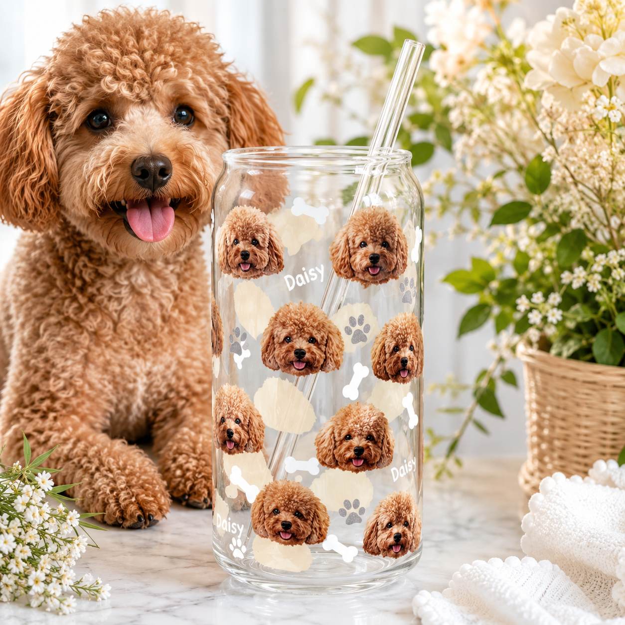 Custom Dog Mom Glass Tumbler – Personalized 16oz Cup with Lid & Straw THUC99