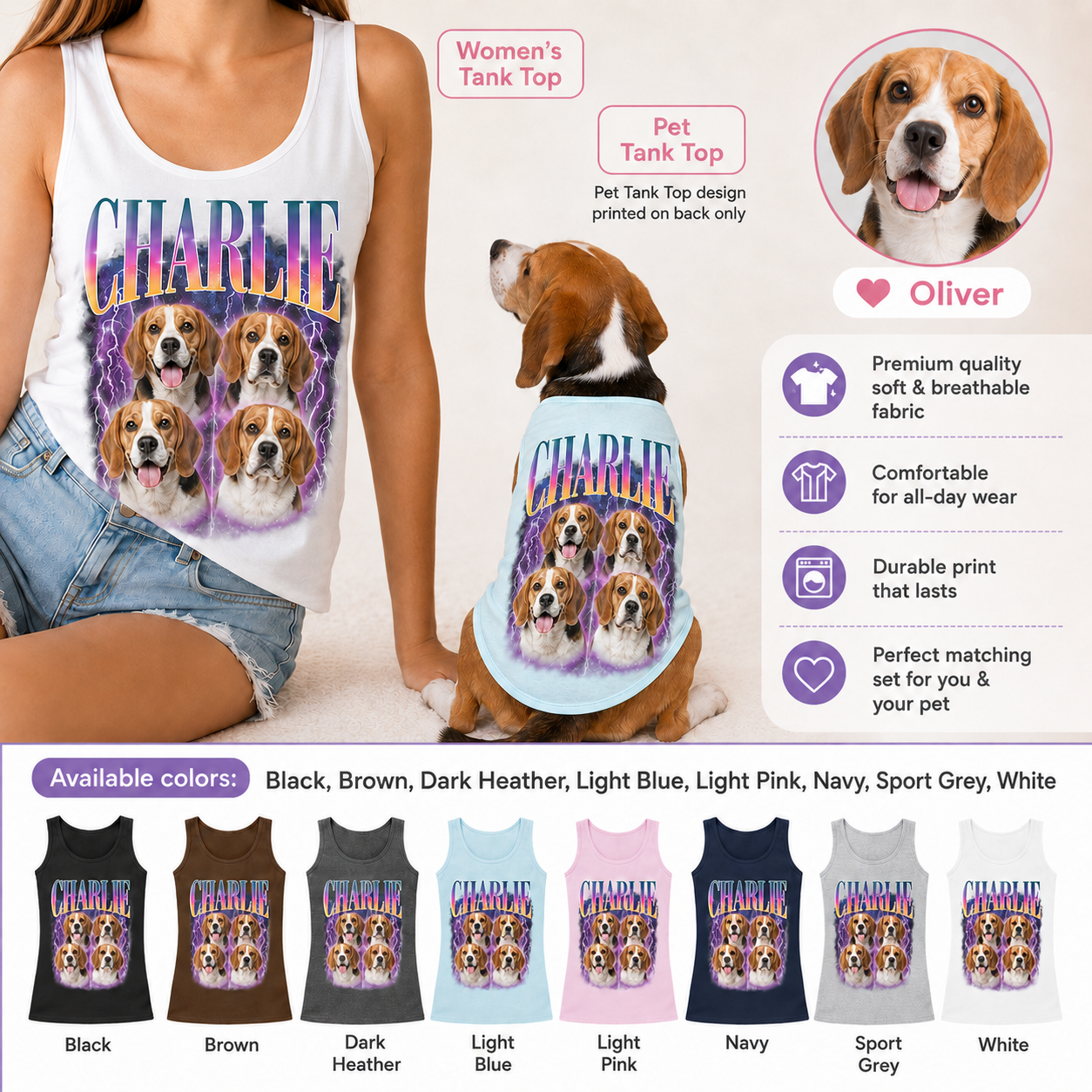Personalized Matching Women’s and Dog Tank Tops, Custom Pet Photo Outfit Set THUC99