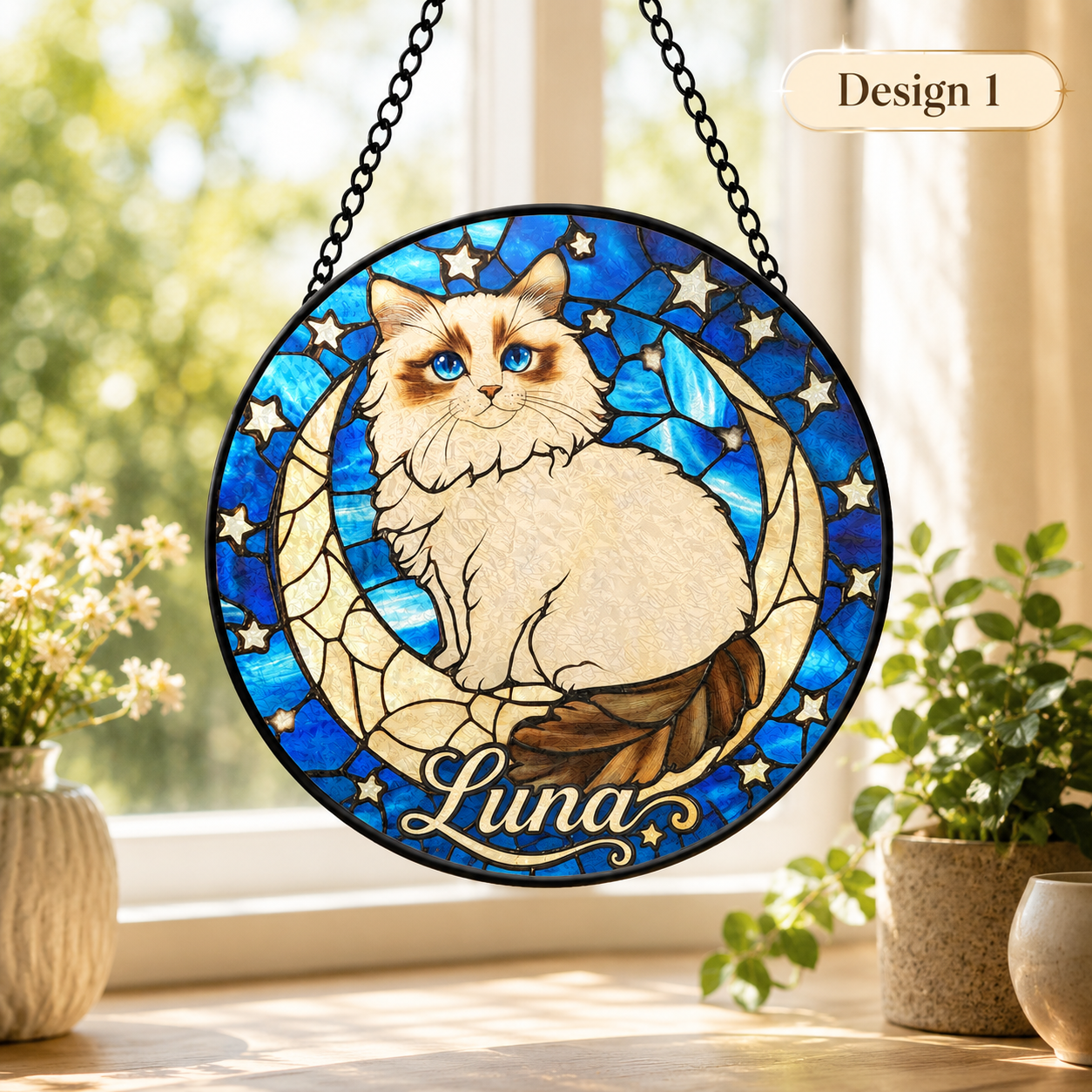 Personalized Cat Portrait Suncatcher – Custom Photo Stained Glass Window Decor For Pet Lover THUC99