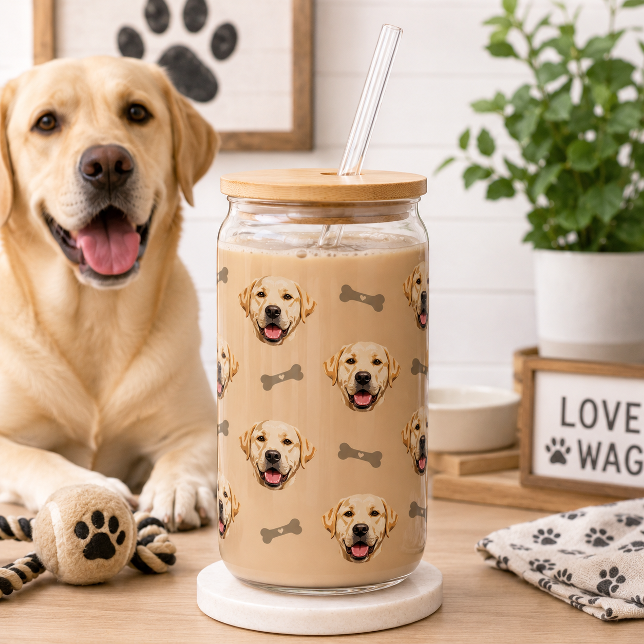 Custom Dog Photo Sipper Glass 16oz – Personalized Glass Tumbler with Bamboo Lid & Straw THUC99