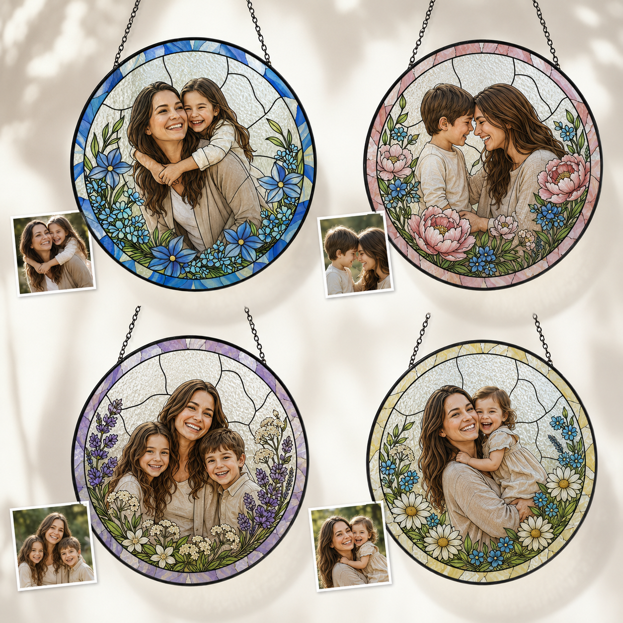 Custom Family Portrait Stained Glass Suncatcher, Personalized Photo Window Hanging Gift for Mom THUC99