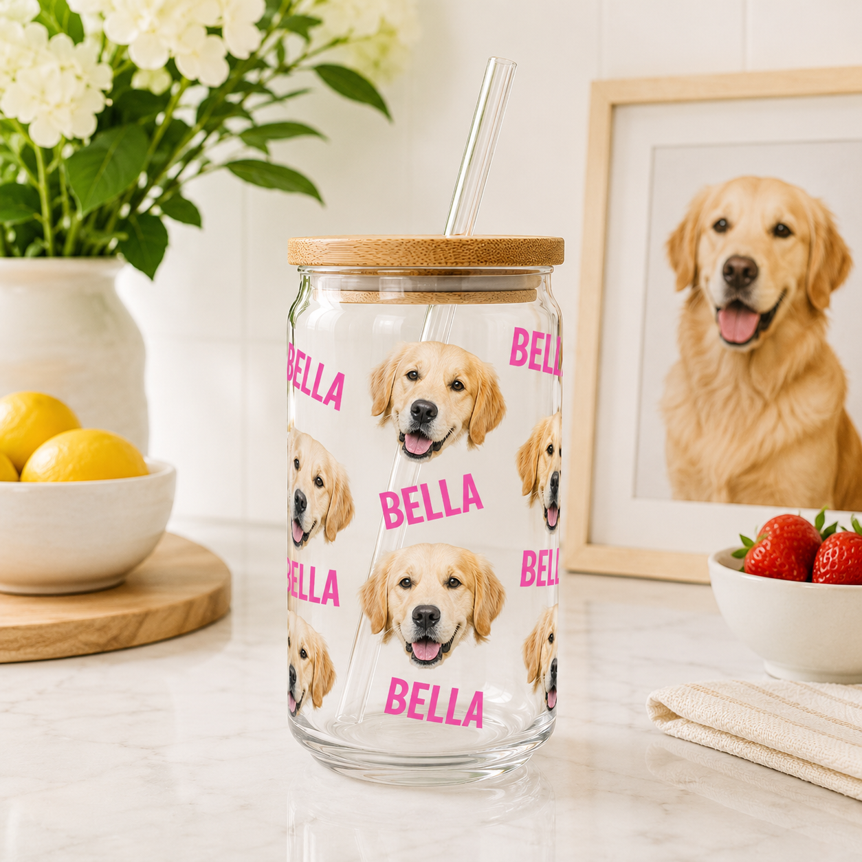 Personalized Dog Lover Glass Cup – Custom 16oz Sipper with Lid & Reusable Straw THUC99