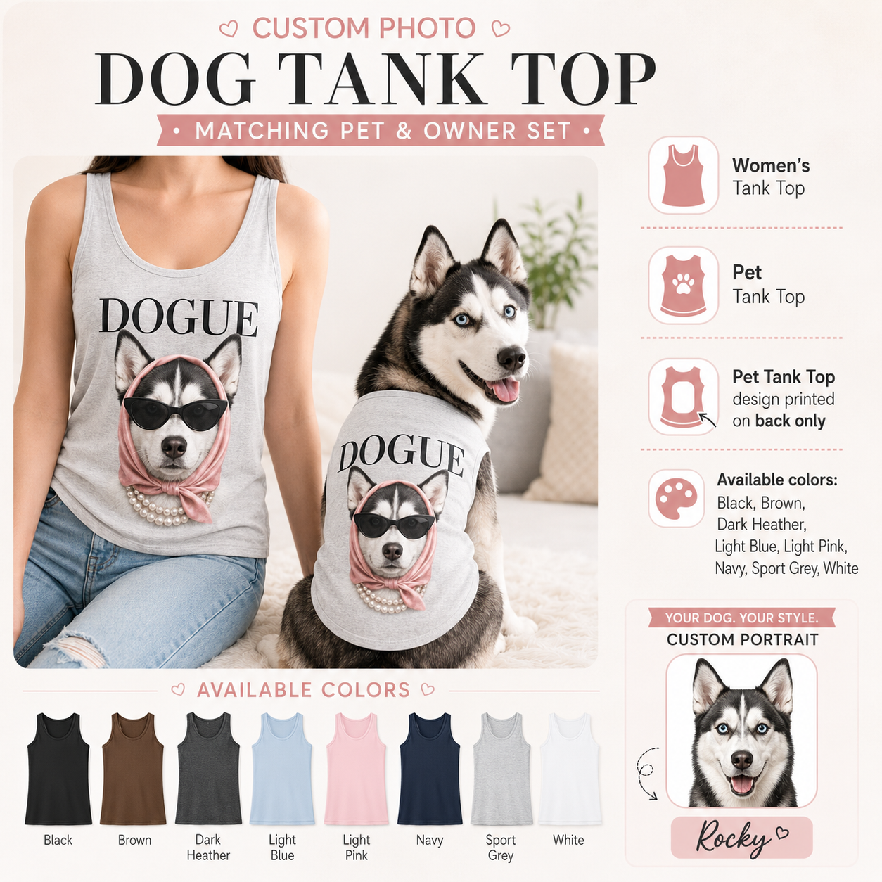 Matching Women’s Dog Mom and Dog Tank Tops, Personalized Pet Photo Shirt Set for Summer Gifts THUC99