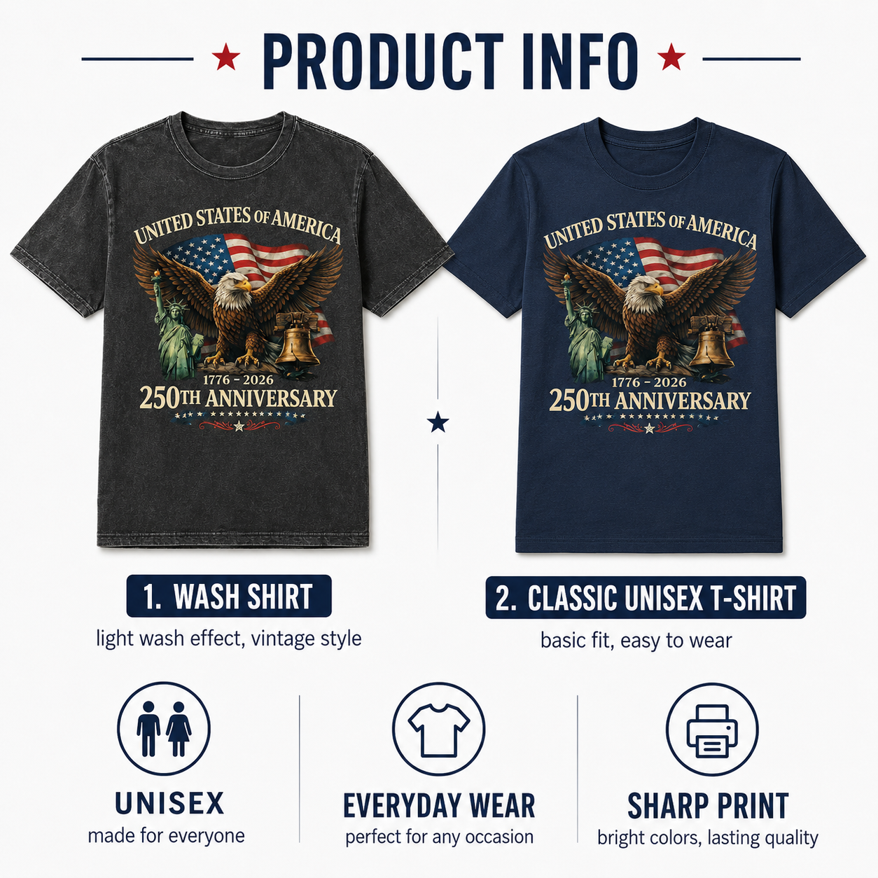 Patriotic USA Freedom Wash Shirt, America 250 Years Anniversary Tee THUC99