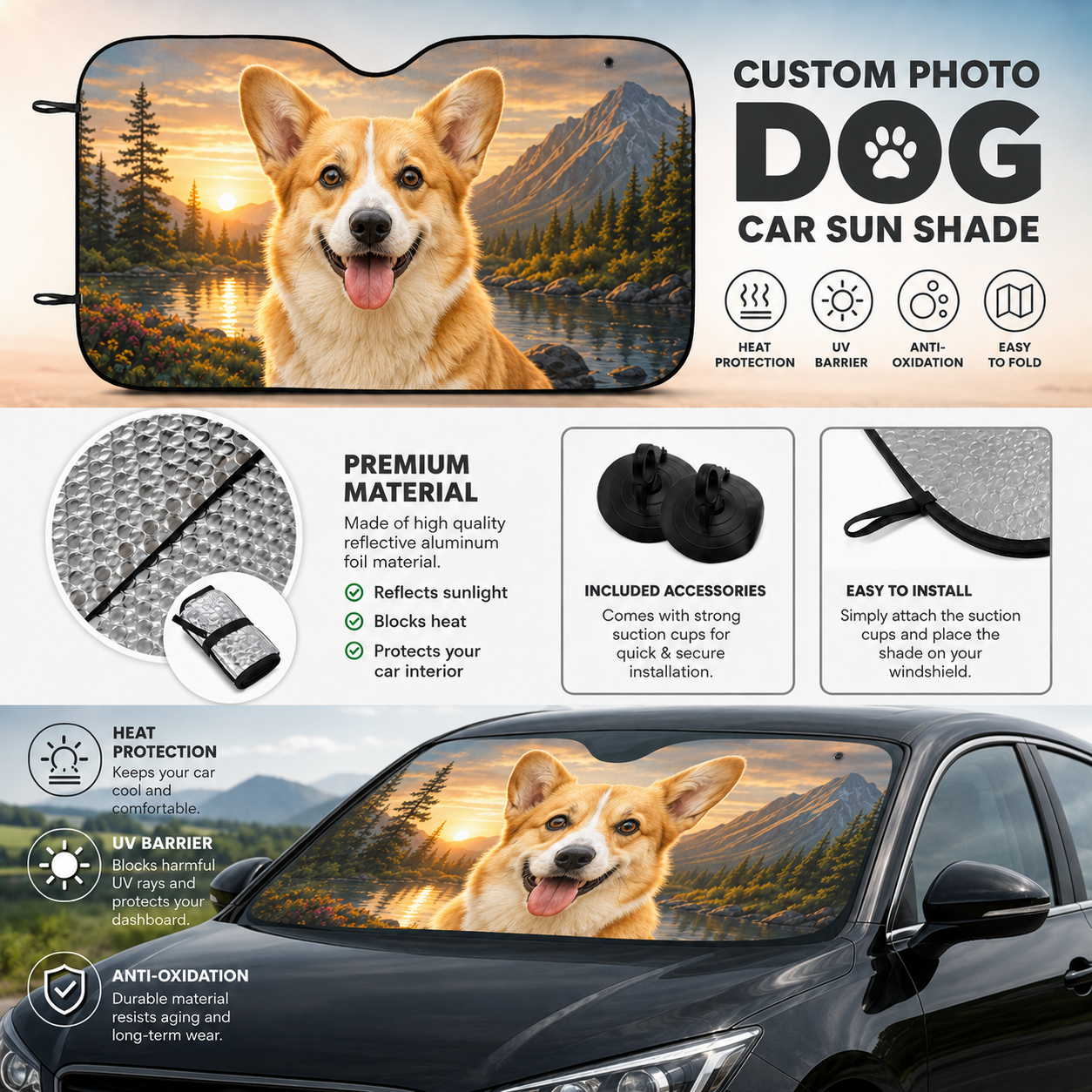 Personalized Pet Car Sun Shade, Custom Dog Photo Auto Windshield Cover, Foldable Car Accessories Gift THUC99