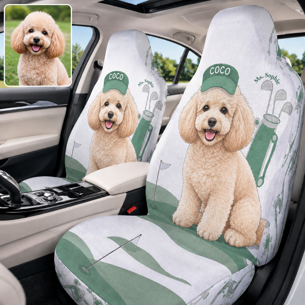 Personalized Golf Pet Portrait Car Seat Cover, Custom Dog Face Seat Protector, Dog Dad Gift THUC99