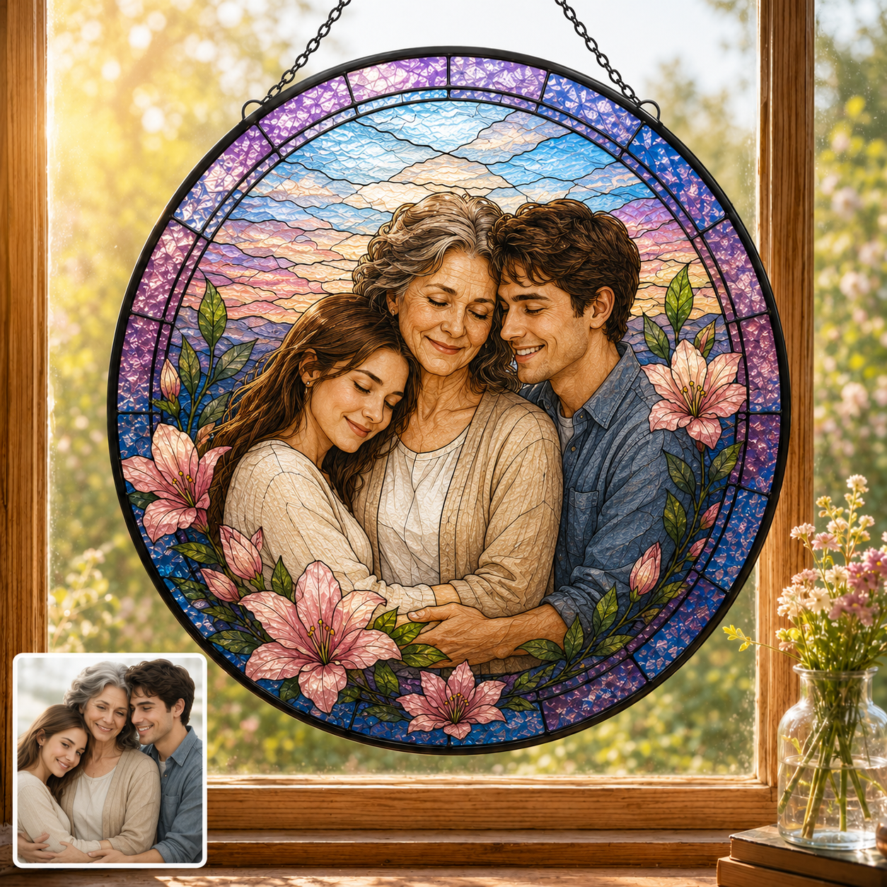 Custom Photo Grandma Stained Glass Suncatcher, Personalized Grandmother Gift Window Hanging THUC99